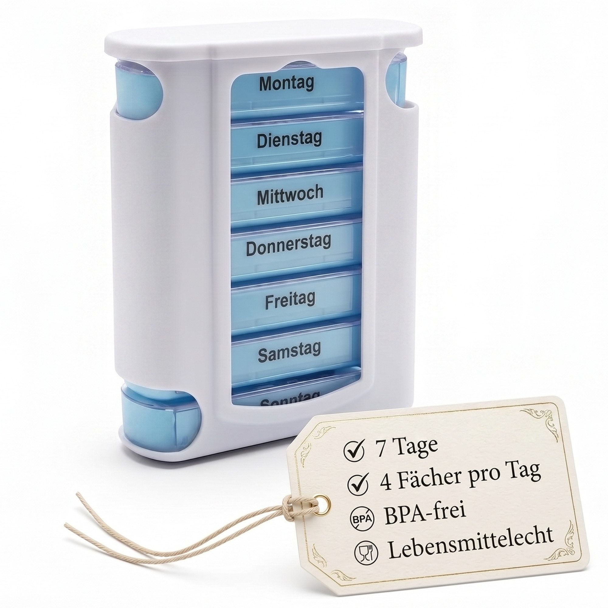 BigDean Pillendose Tablettenbox 7 Tage, 4-Fächer-pro-Tag (1 St), Wochenbox, Einnahme-Kontrolle, Sicherer-Verschluss
