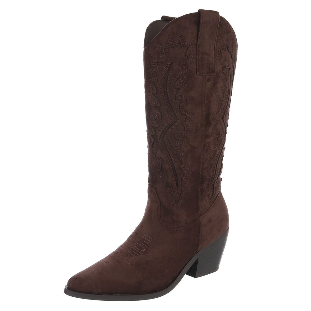 Ital-Design Damen Cowboystiefel mit Blockabsatz und Prägung Westernstiefel (92002501) Blockabsatz Stiefel in Braun
