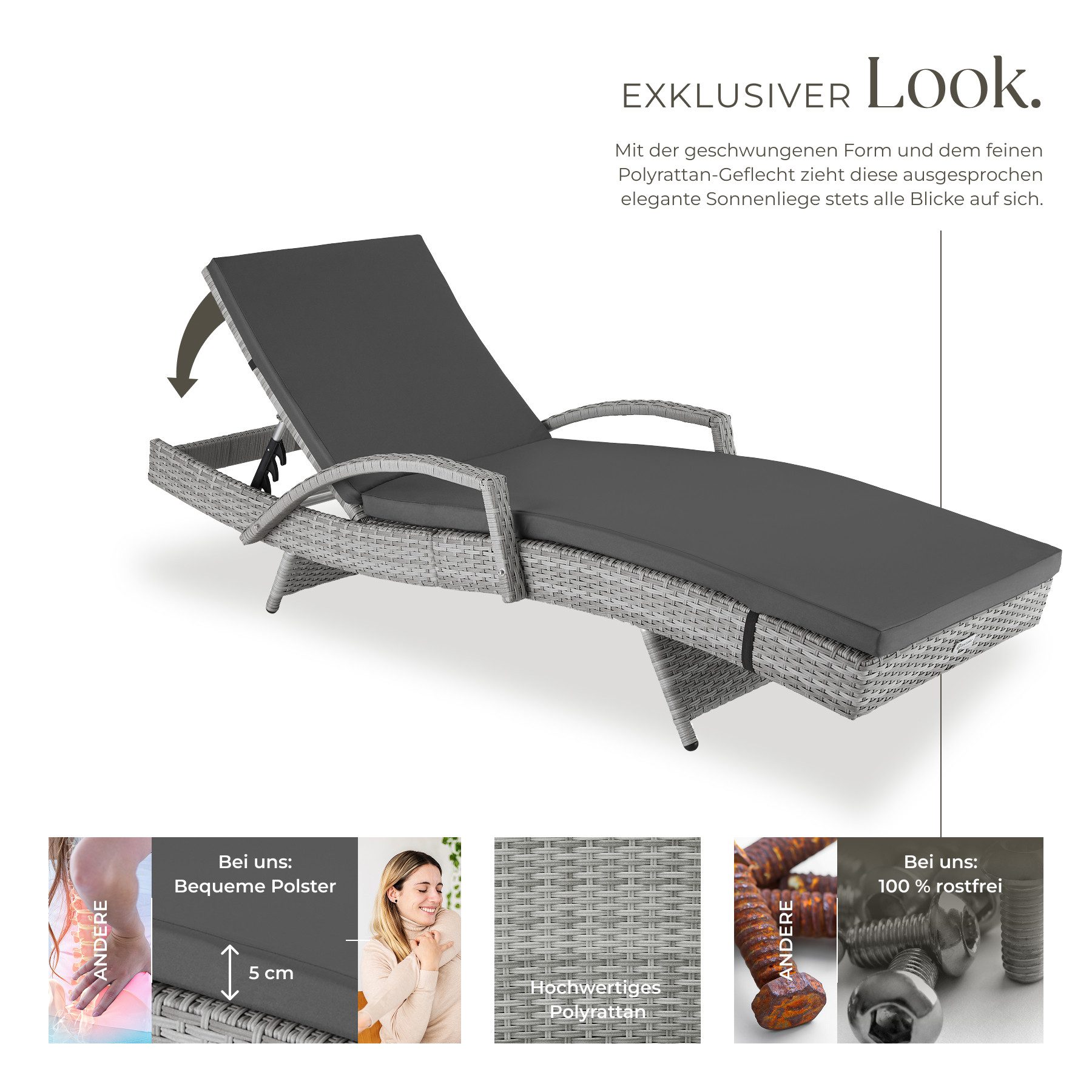 tectake Gartenliege Rattan Sonnenliege, 1 St., 5-fach verstellbare Rückenlehne von schräg bis ganz flach