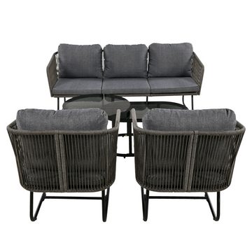 Flieks Gartenlounge-Set, (5-tlg), 5-Sitzer Gartenmöbel aus Seil mit 3-Sitzer Sofa*1 + Stuhl*2 + Tisch*2