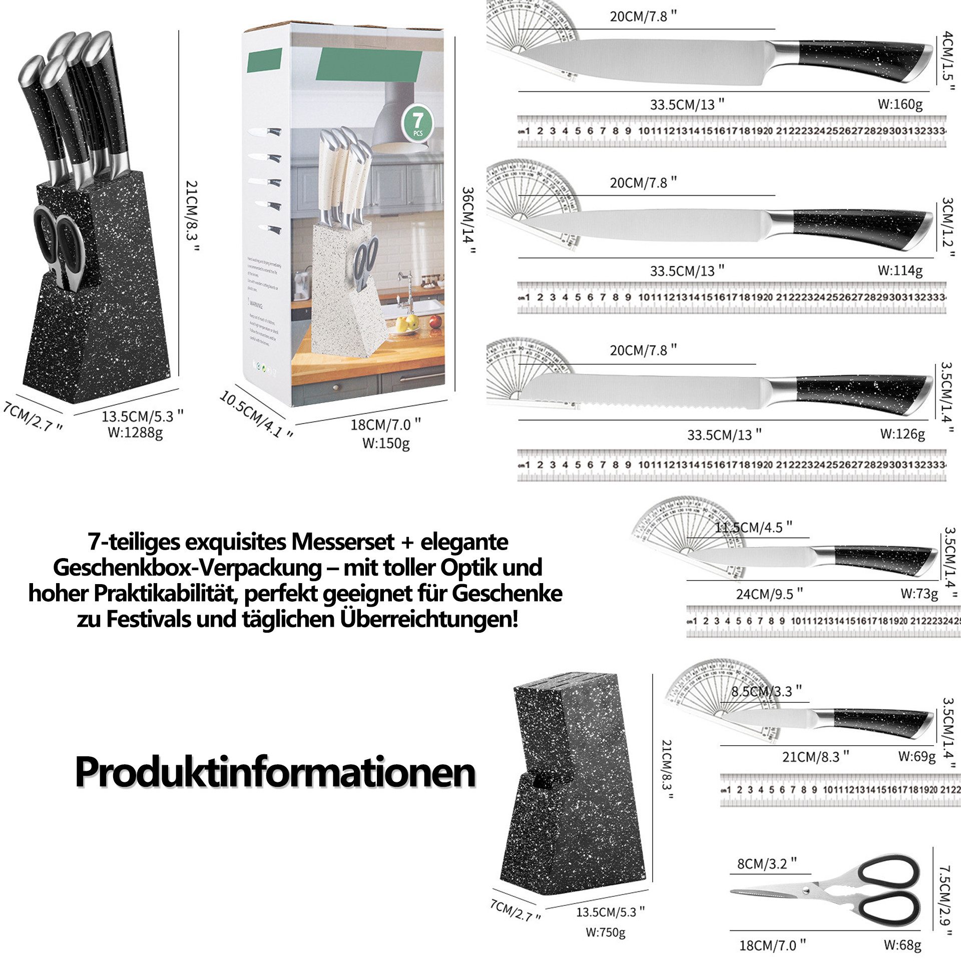 Fine Life Pro Messer-Set High Carbon Edelstahl Profi Kochmesser (Set, 7-tlg), Küchenmesserset mit Messerblock