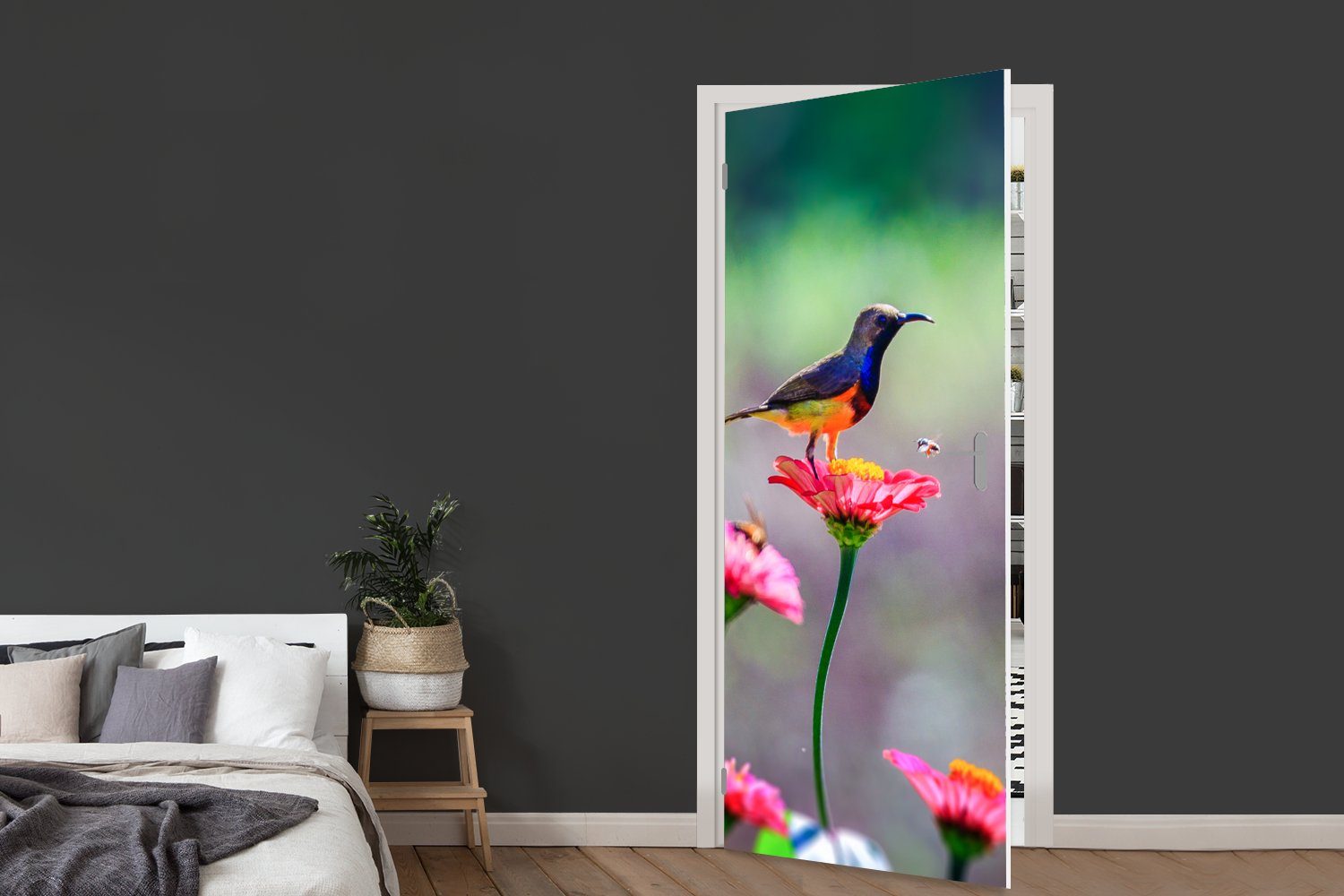 MuchoWow Türtapete Nahaufnahme eines Kolibris Türaufkleber, auf Tür, für St), rosa Fototapete bedruckt, Matt, cm Blüten, 75x205 (1