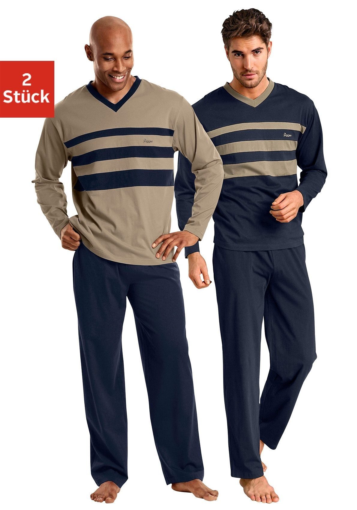 le jogger® Pyjama (Packung, 4 tlg., 2 Stück) Schlafanzug mit kontrastfarbigen Einsätzen vorn