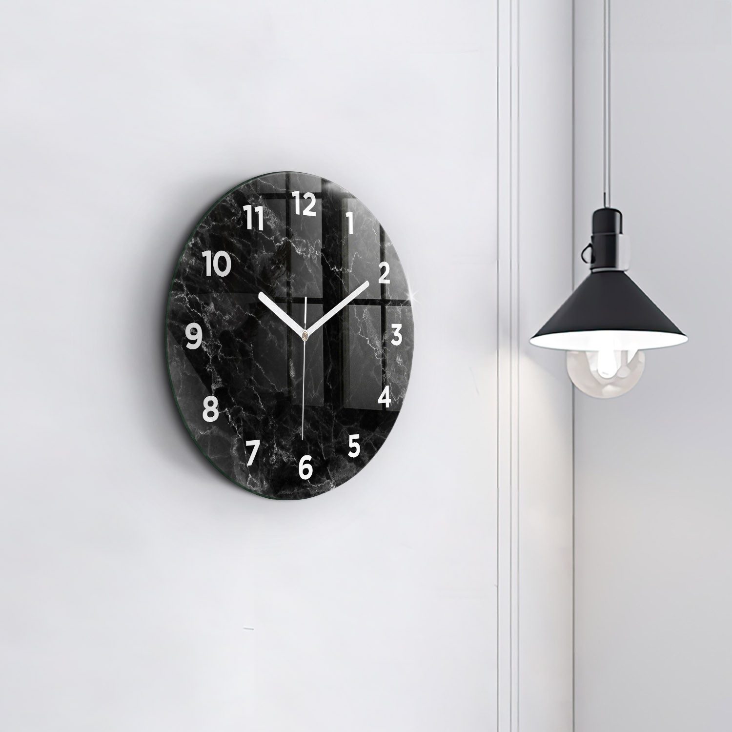 Tulup Wanduhr Glamour Glasuhr Dunkler Marmor Runde Uhr aus Gehärtetem Glas