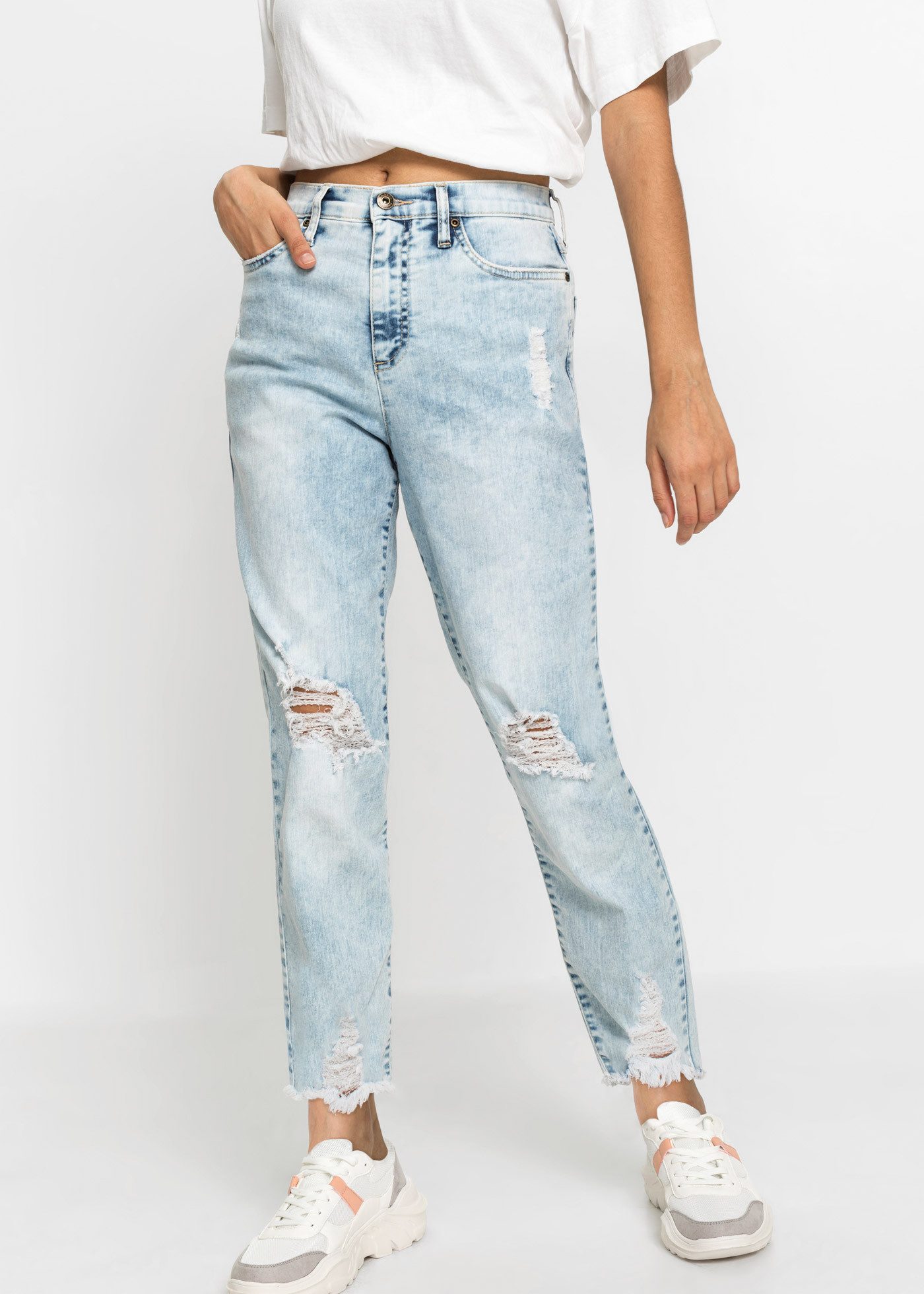 bonprix Mom-Jeans modischer Schnitt, Regular Fit, ausgefranster Saum