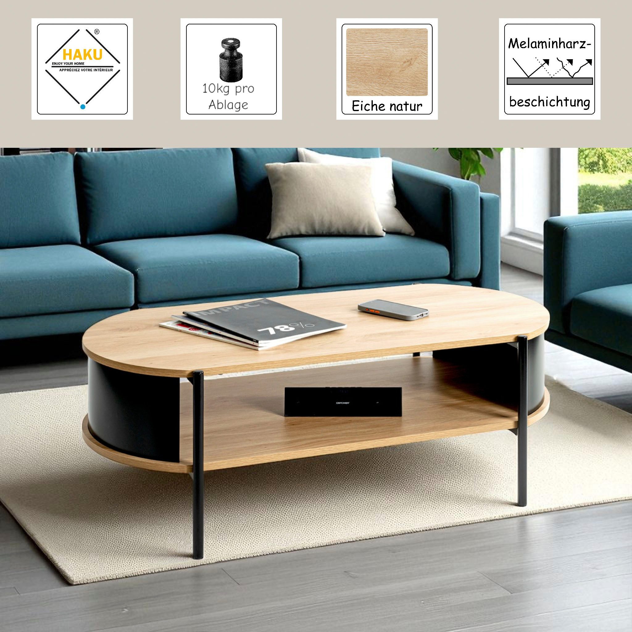 HAKU Couchtisch Sofatisch, Wohnzimmertisch (1-St), oval - aus MDF Braun B/T/H 100/54/37 cm