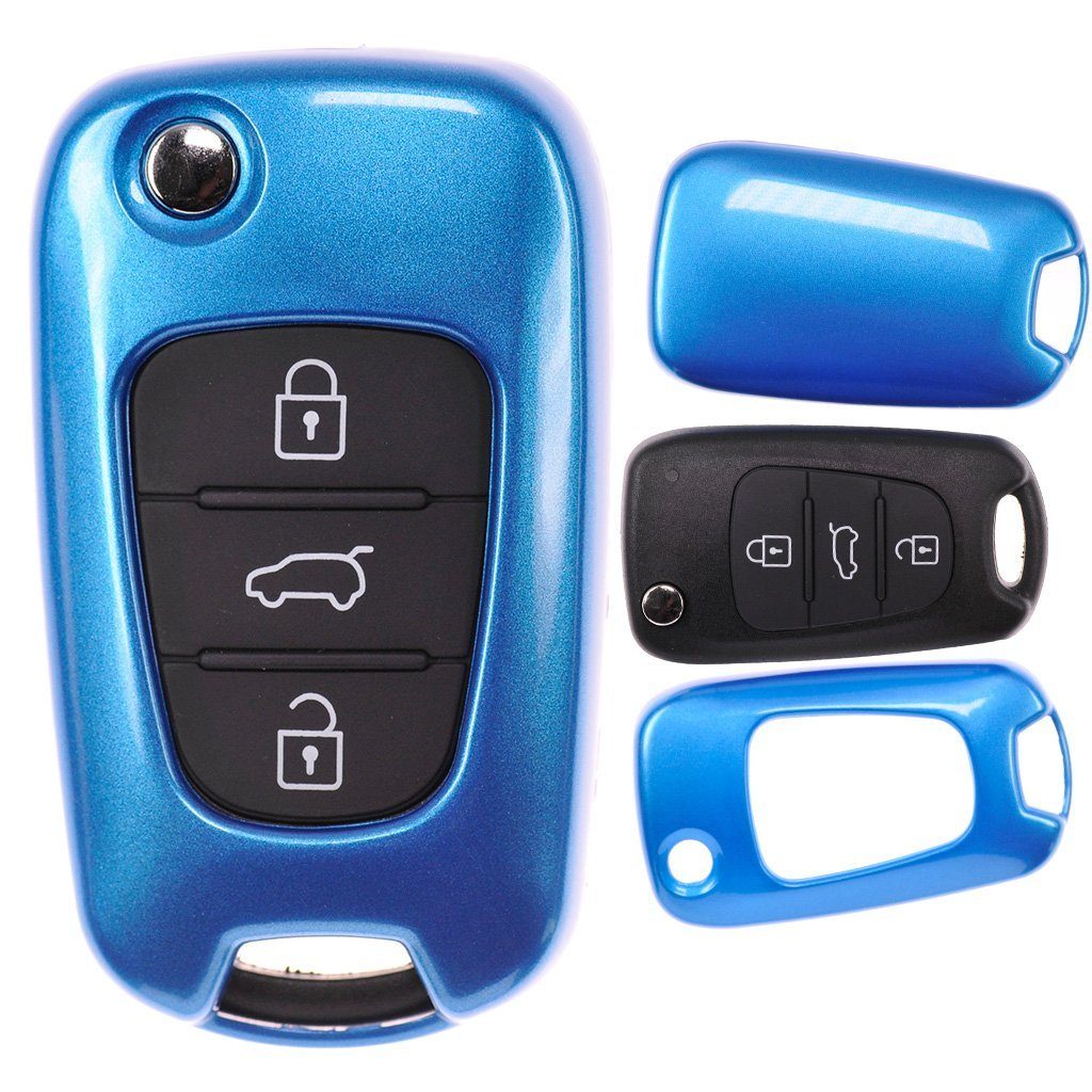 mt-key Schlüsseltasche Autoschlüssel Hardcover Schutzhülle für Kia Metallic i30 Sportage Soul Metallic Blue, Hyundai ix35 Klappschlüssel ix20 Blau Ceed