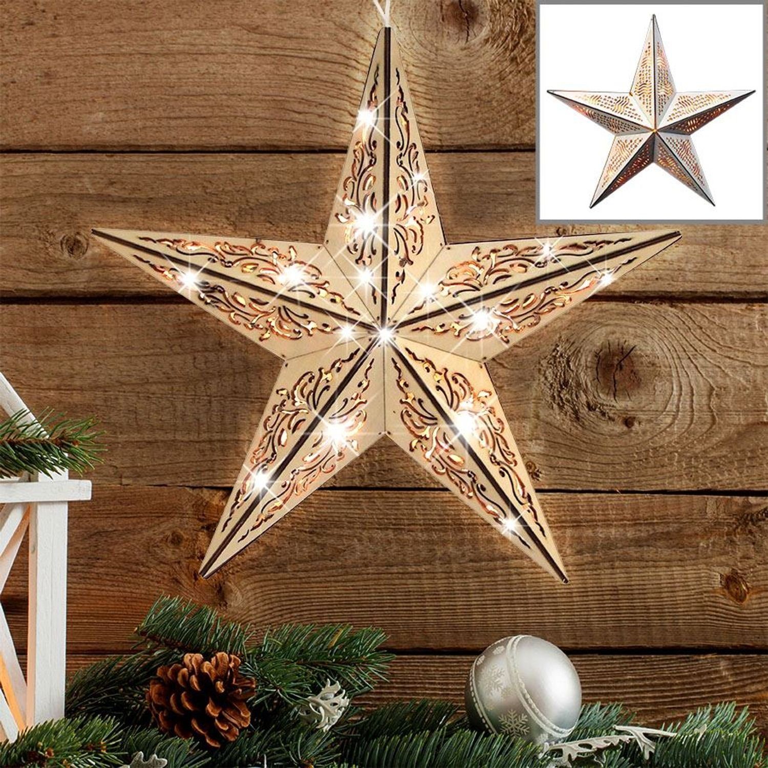 BURI Lichterkette Weihnachtsstern aus Holz mit 15 LED Warmweiß, Stern