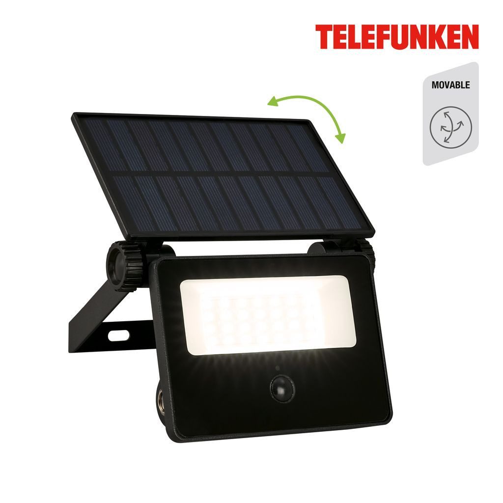 Telefunken Flutlichtstrahler 322605TF, LED fest integriert, 2700K - Extra-Warmweiß, LED Strahler Solar 14x11,5x18 cm Schwarz 2W 1000 Lumen Solarleuchten