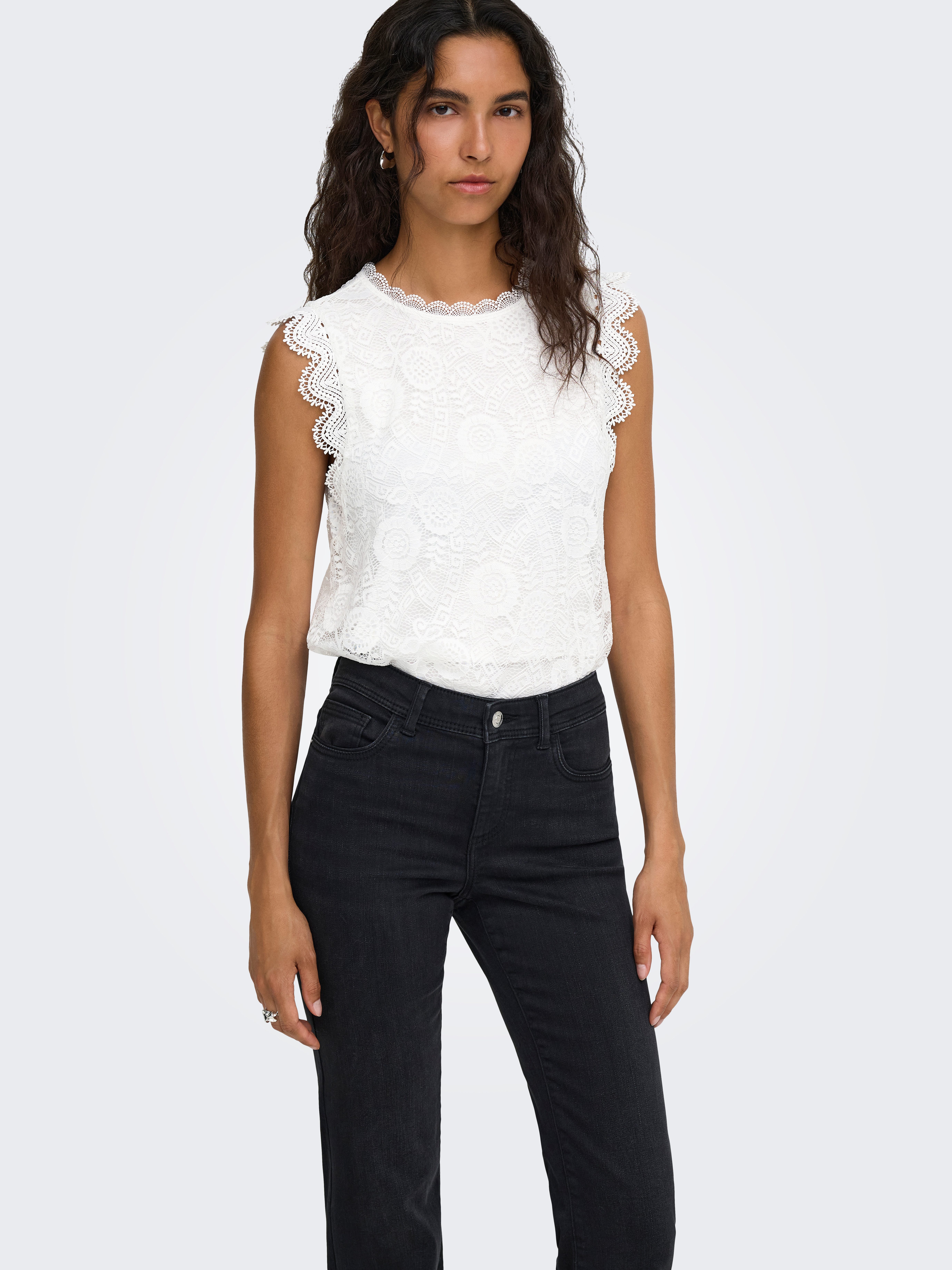 ONLY Spitzentop ONLSINE S/L LACE TOP CS JRS Materialmix, regular fit, Rundhals