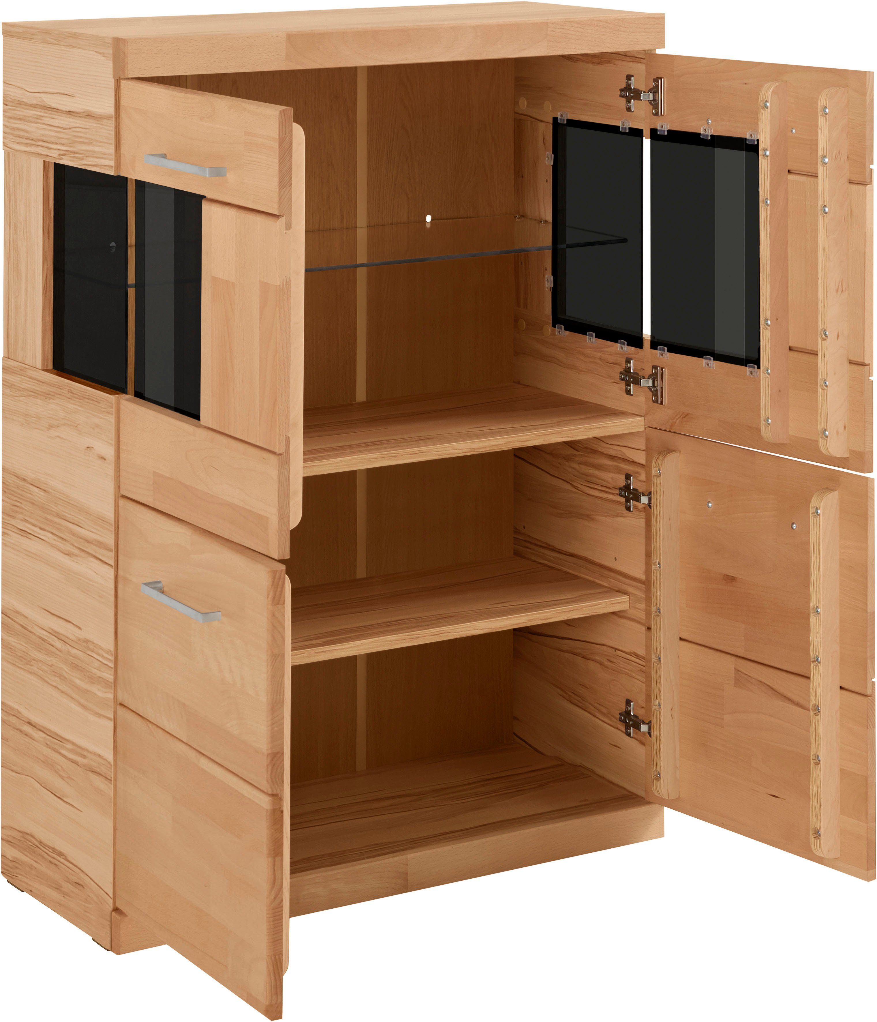OTTO home Highboard Ribe,85cm breit,115cm hoch, Fronten Massivholz,4 breite Fächer, Korpus Holzwerkstoff,2Türen mit Glaseinsatz, Böden versetzbar