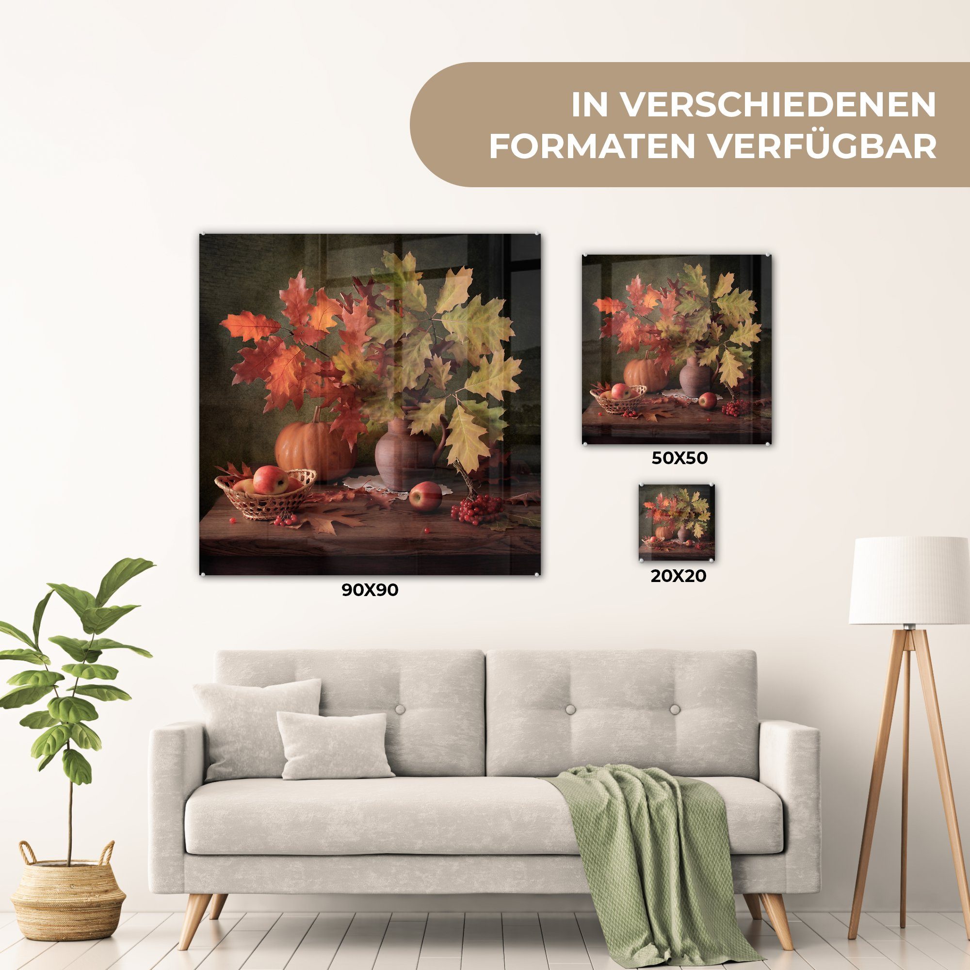 - Kirsche - Glas Wanddekoration - MuchoWow - auf St), Kürbis bunt - - auf Glas - Herbst, (1 - Apfel Acrylglasbild Blätter Stilleben Glasbilder Foto Bilder Wandbild