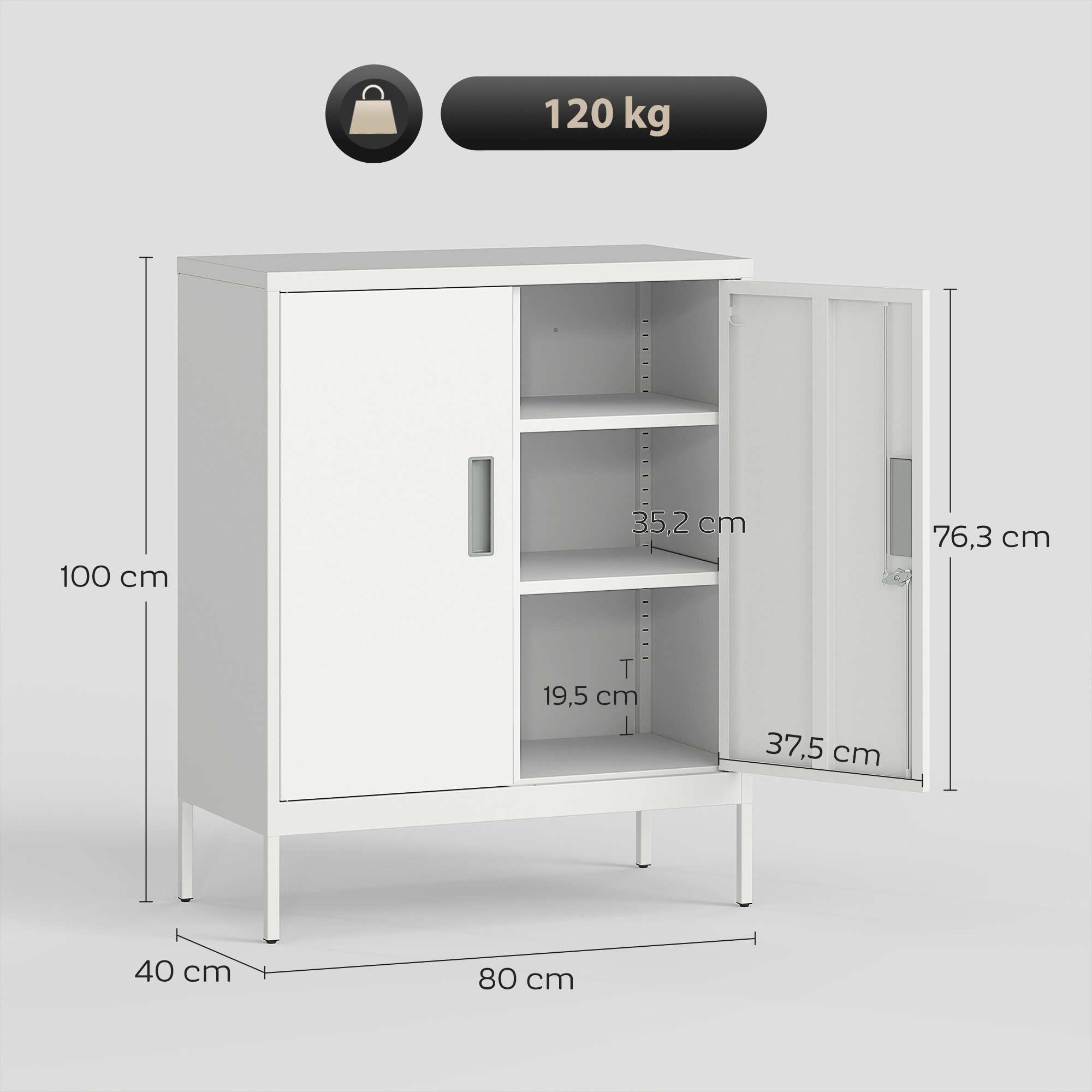HOMCOM Aktenschrank abschließbar Büroschrank, Stahlschrank mit 2 Türen, Schloss (abschließbar Büroschrank, 1-St., Aufbewahrungsschrank) aus Stahl, für Büro, Arbeitszimmer, 80 x 40 x 100 cm, Weiß