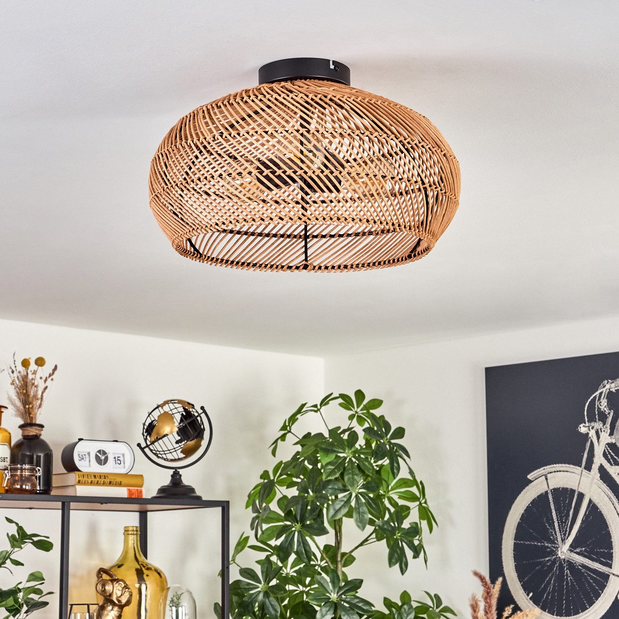 hofstein Deckenleuchte moderne Deckenlampe aus Metall/Bambus/Holz in Schwarz/Natur, ohne Leuchtmittel, Boho-Design Deckenleuchte,Lichteffekt, Ø40cm, 3xE27, ohne Leuchtmittel