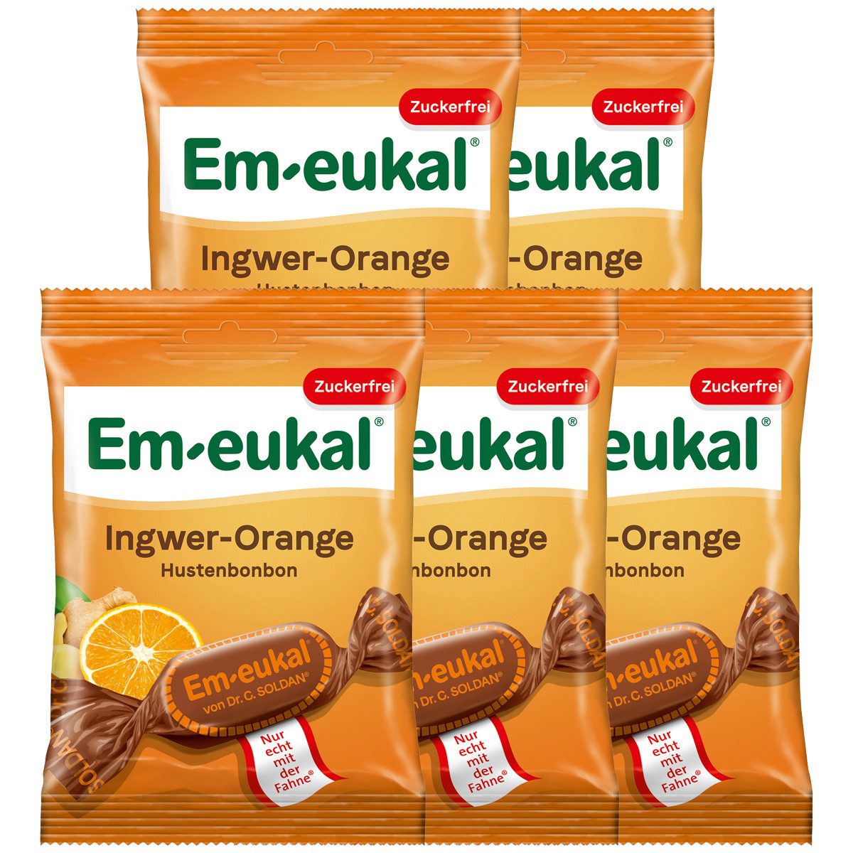 Em-eukal Süßigkeit, Em eukal Hustenbonbons Ingwer Orange fruchtig zuckerfrei 75g 5er Pack