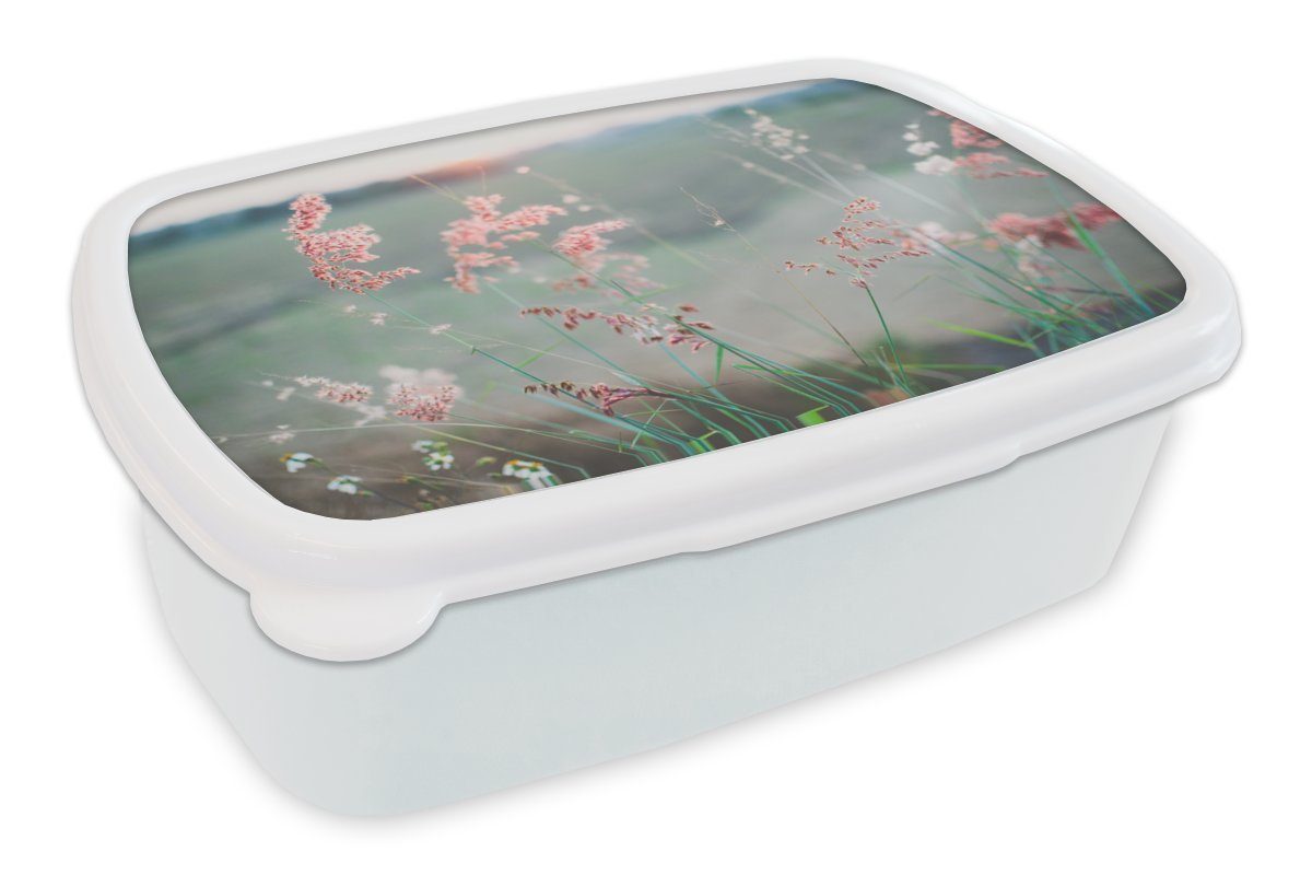 MuchoWow Lunchbox Blumen - Wasser - Rosa, Kunststoff, (2-tlg), Brotbox für Kinder und Erwachsene, Brotdose, für Jungs und Mädchen weiß