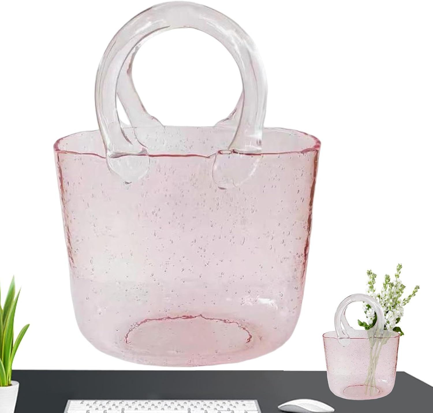 FELIXLEO Dekovase Groß Glas-Geldbörsen-Vase, Glas-Taschen-Vase mit Griff, Blumenvase