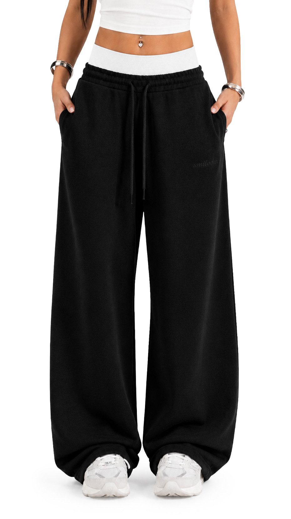 Smilodox Jogginghose Yelin, Trainingshose Oversized Fit, Wide-Leg, Gym & Freizeit Elastischer Bund, Kordelzug, Weites Bein, Dezentes Logo