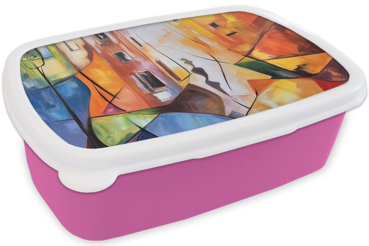 Kinder, - Abstrakt Kunststoff Brotbox rosa für Farben, MuchoWow Mädchen, Snackbox, - Erwachsene, Kunst Lunchbox Brotdose - (2-tlg), Kunststoff, Malerei