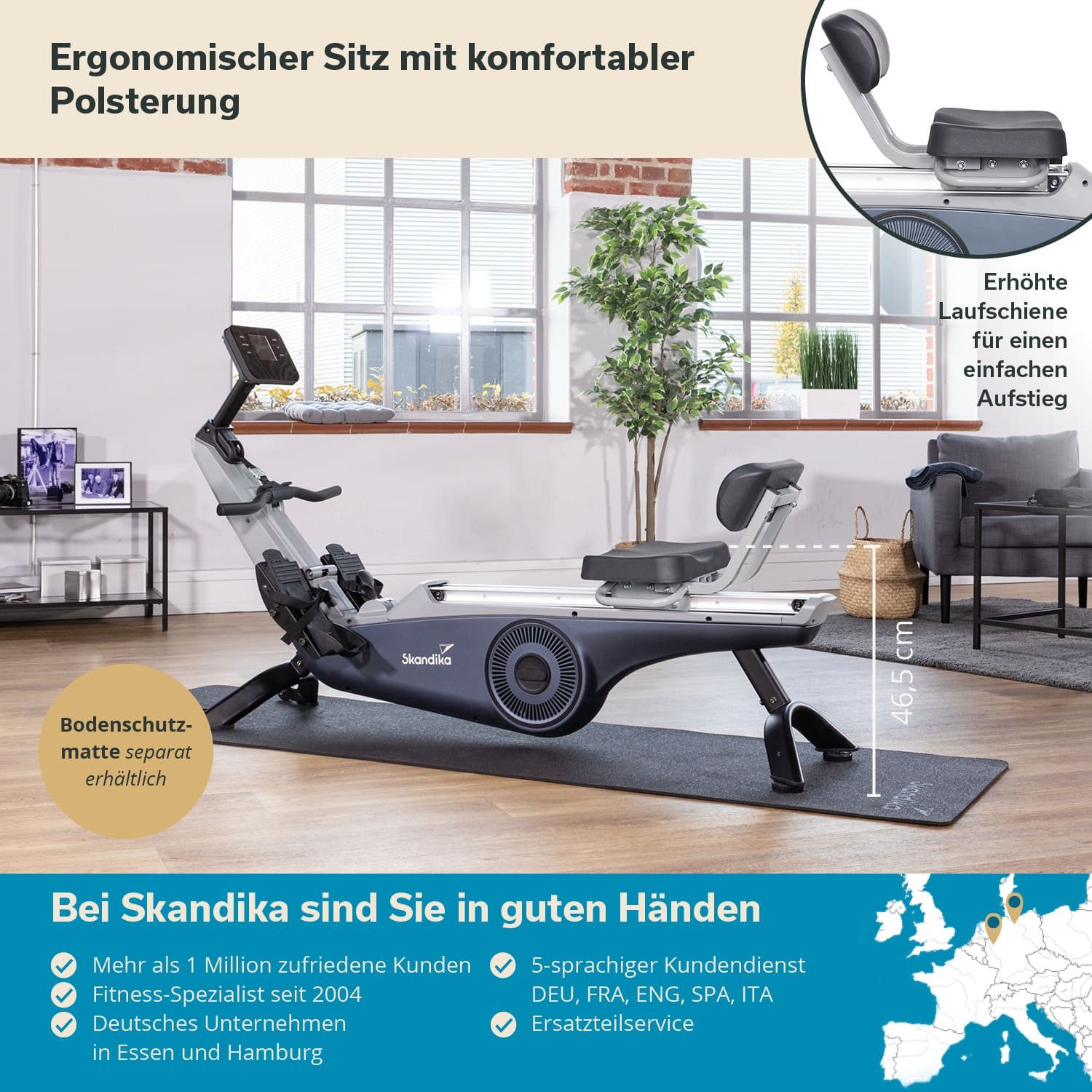 Skandika Rudergerät für Zuhause Freki Plus, 24 Widerstandsstufen, 19 Trainingsprogramme (24 stufiger Magnetwiderstand, max. Körpergewicht von 135 kg), 10-stufiger Magnetwiderstand, 8 kg Schwungmassensystem, Kinomap App