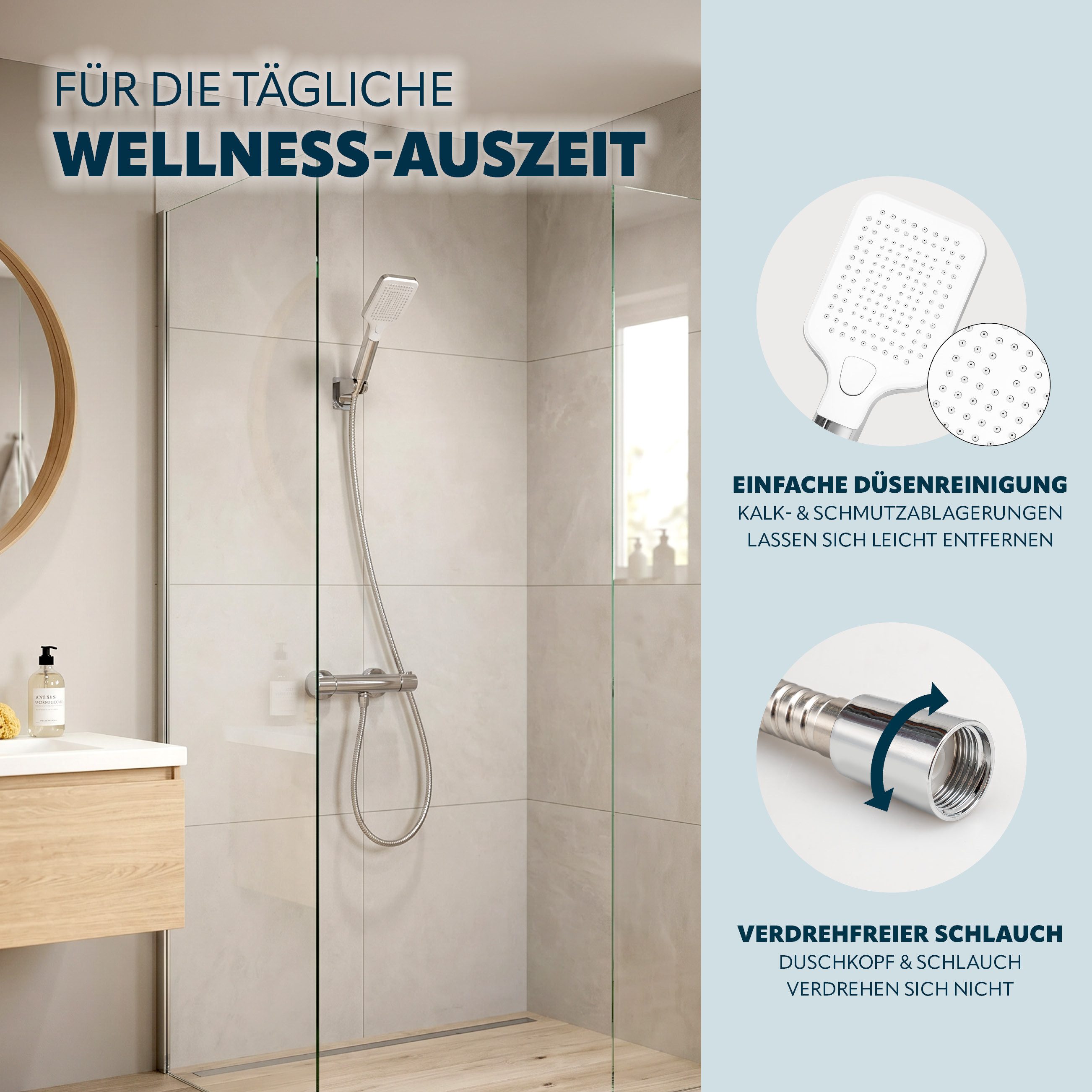 eluno Handbrause inkl. Brauseschlau und Wandhalterung, (3-tlg., Handbrause, Brauseschlauch, Wandhalterung), Wandhalterung zum Kleben – Bild 5 von 5