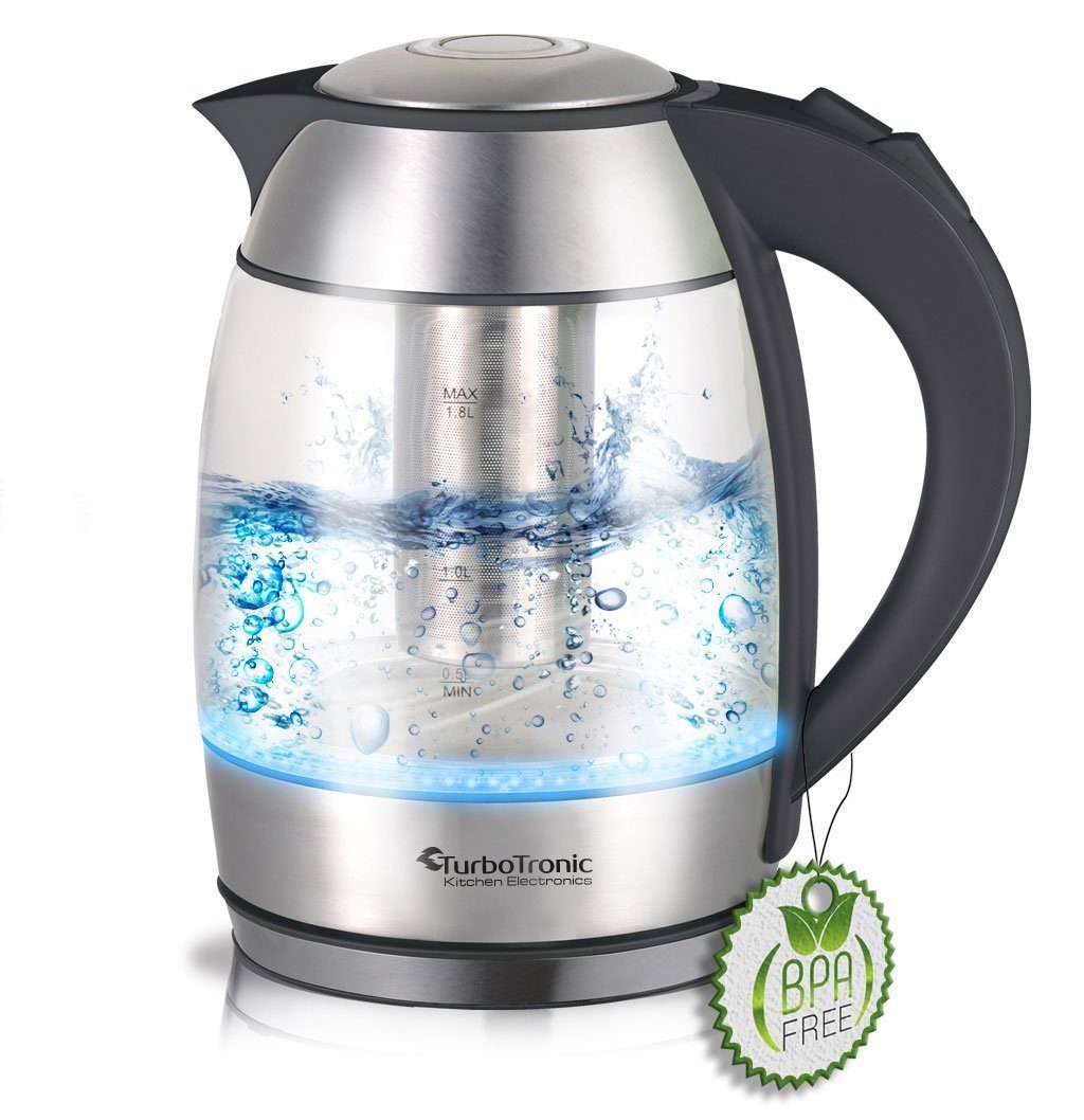 TurboTronic by Z-Line Wasserkocher aus Glas, Teekocher mit Teesieb, 1,8 l, 2200 W, blaue LED-Beleuchtung, BPA frei, Teesieb aus Edelstahl