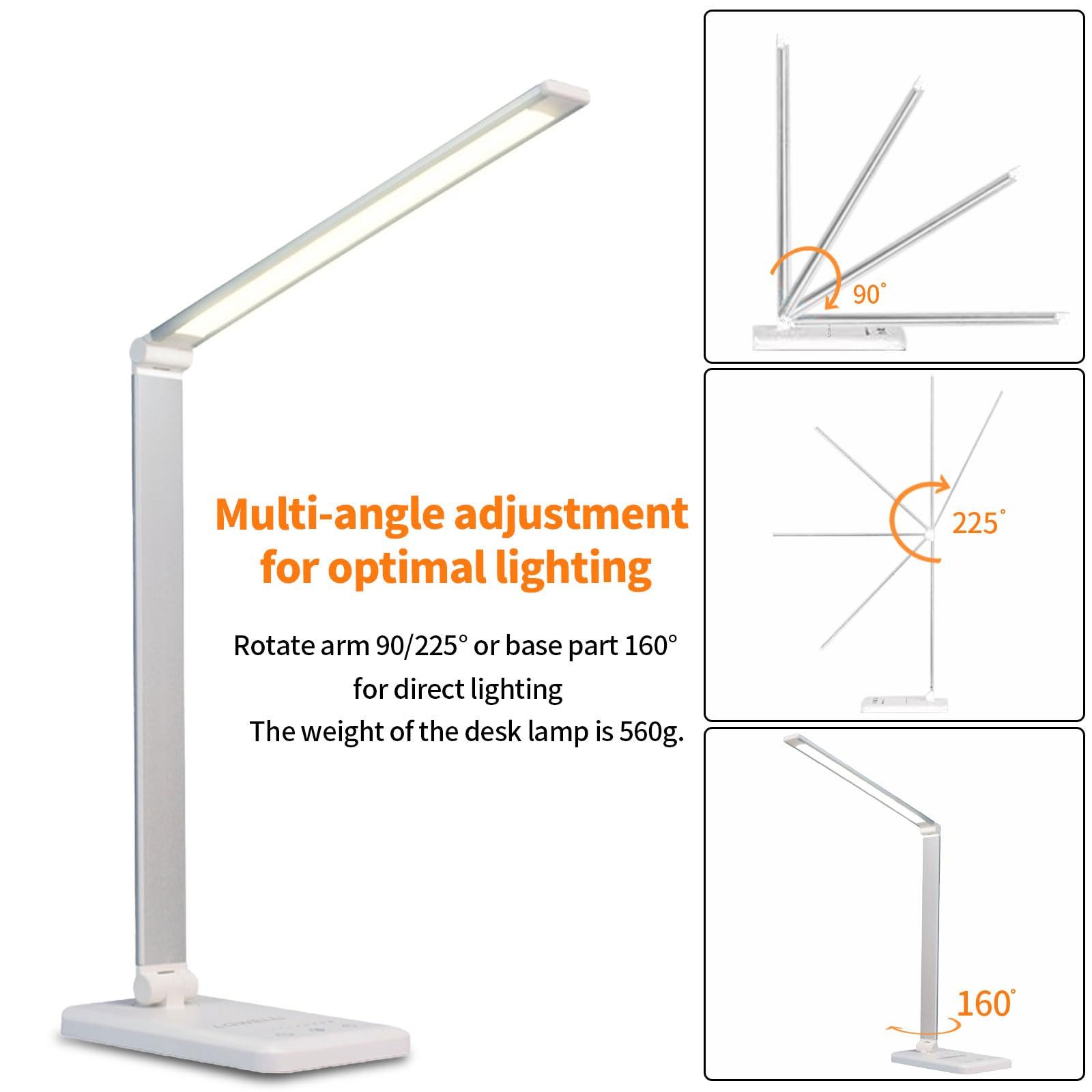 LQWELL Schreibtischlampe LED Schreibtischlampe Dimmbar Metallmaterial, LED fest integriert, 5 Farben & 10 Helligkeitsstufen Augenfreundliche Nachttischlampe, USB-Aufladung, Touch-Steuerung & Memory-Funktion