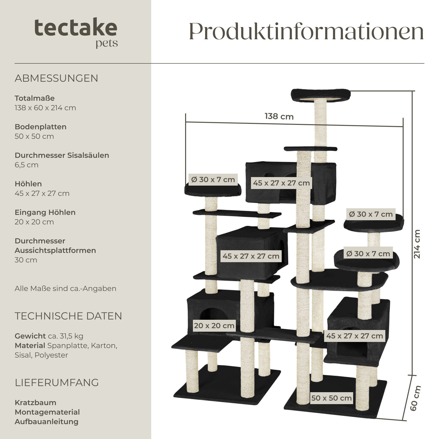 tectake Kratzbaum Katzenbaum Entissar 214 cm Diverse Farben, Vielseitig mit robusten Sisalstangen und Plüschoberfläche