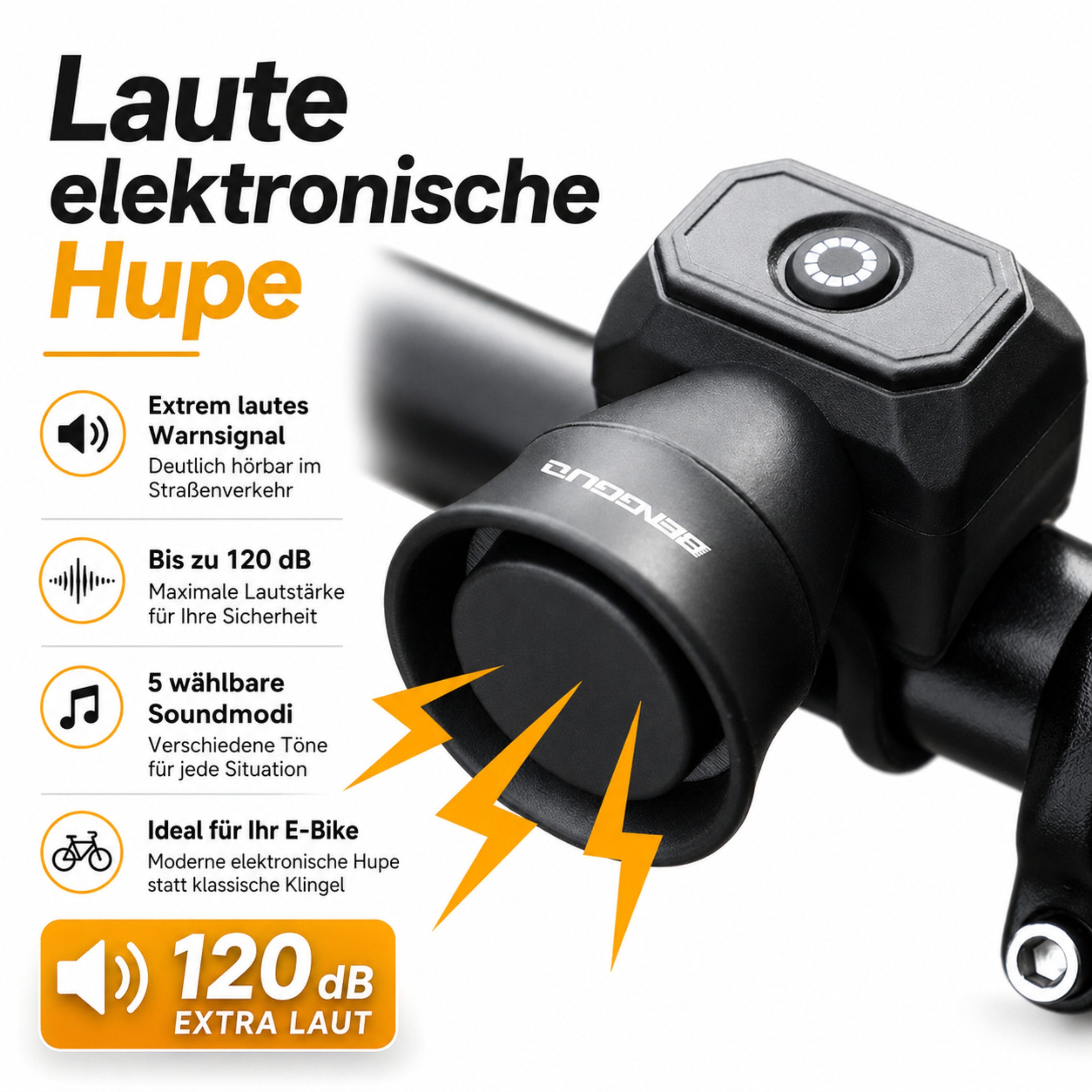 StellarLuma Fahrradklingel Fahrradklingel Elektronische Fahrradhupe USB-C für Fahrrad E-Bike, (Sparangebot) Elektronische Fahrradhupe mit USB-C, 120 dB & 5 Soundmodi