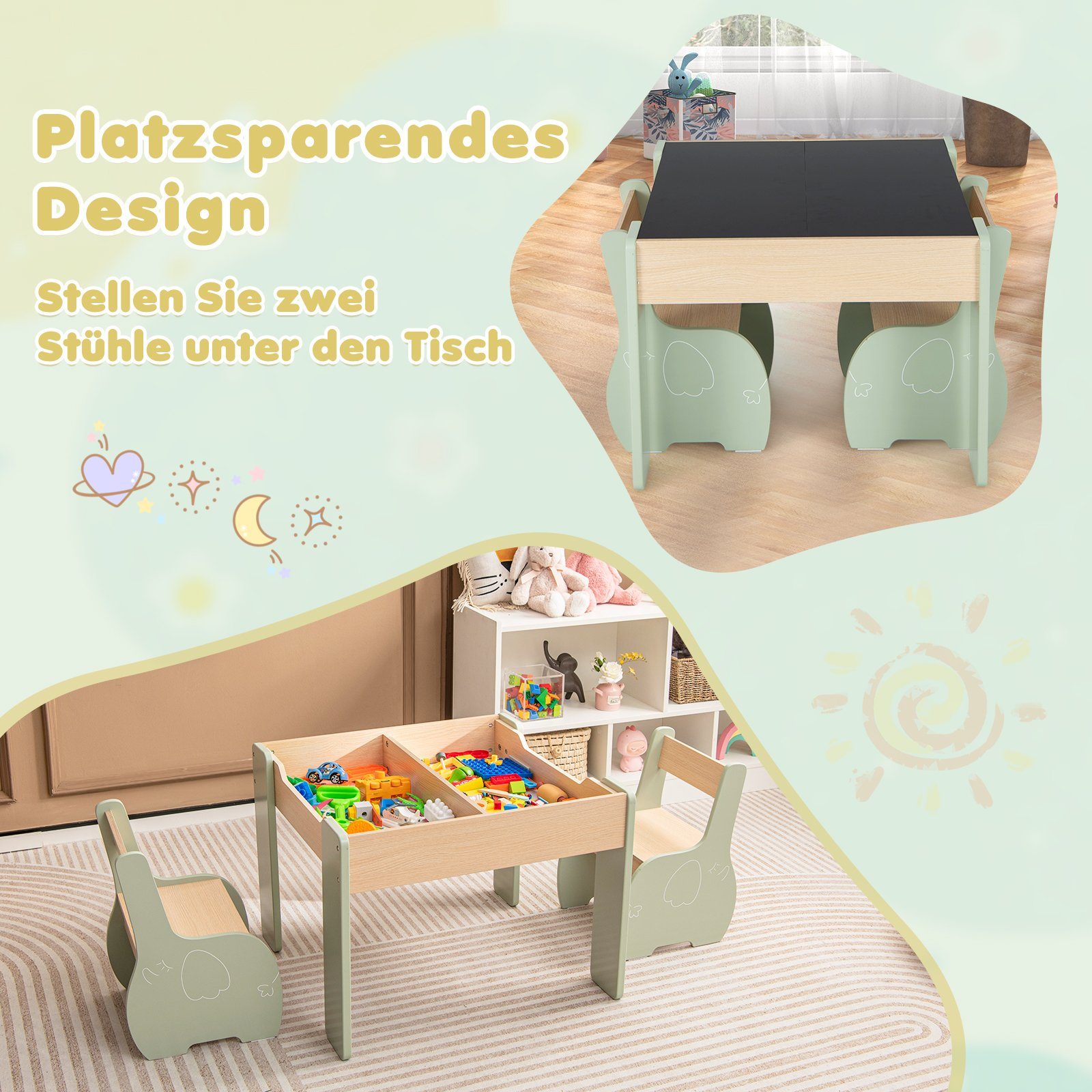 COSTWAY Kindersitzgruppe 3tlg. Kindertisch, aus Holz, mit 2 Stühlen – Bild 4 von 5