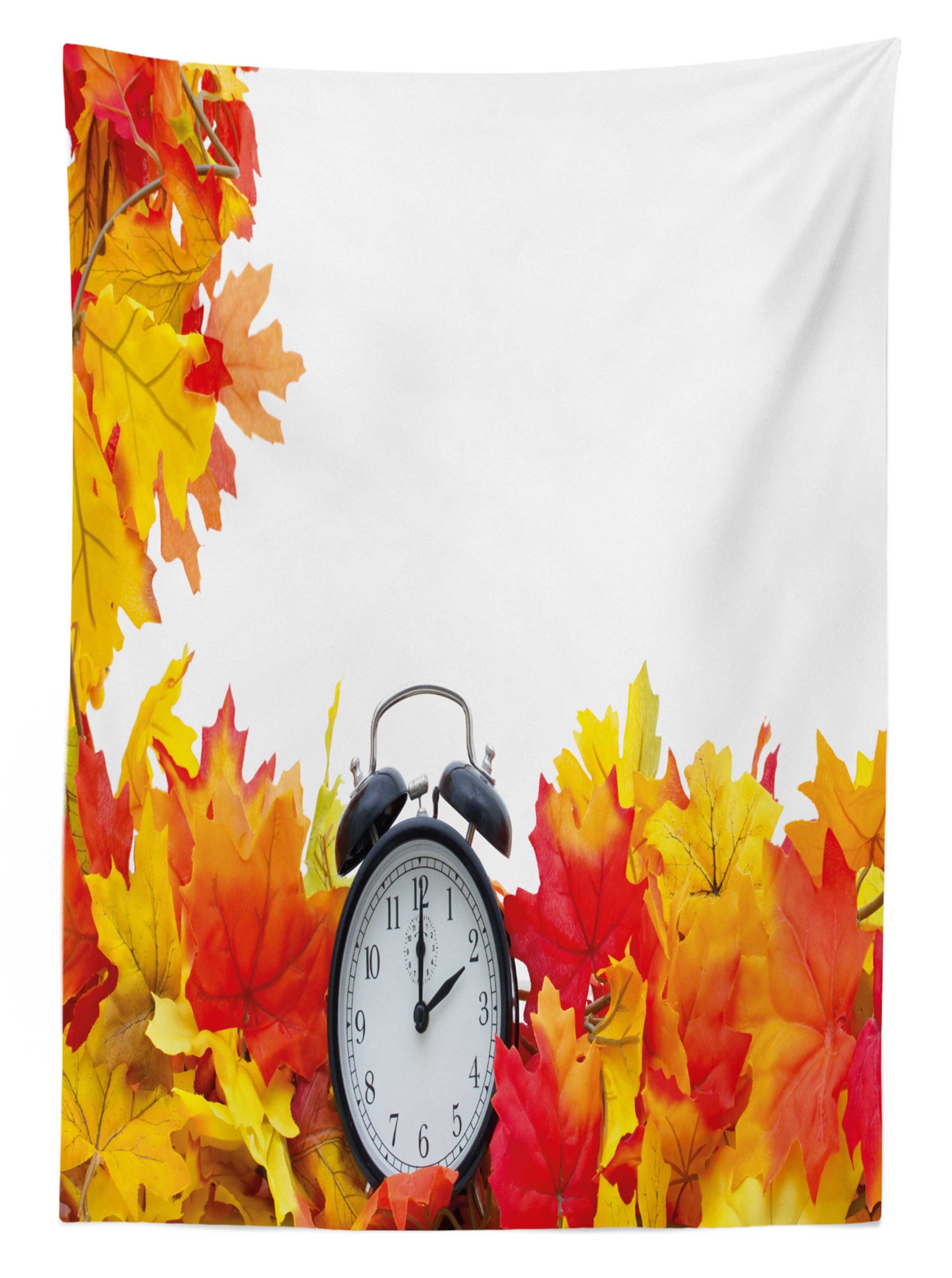 Clock Tischdecke Autumn Klare Leaves geeignet Bereich Außen den Abakuhaus Farben, Farbfest Für Nostalgisch Waschbar