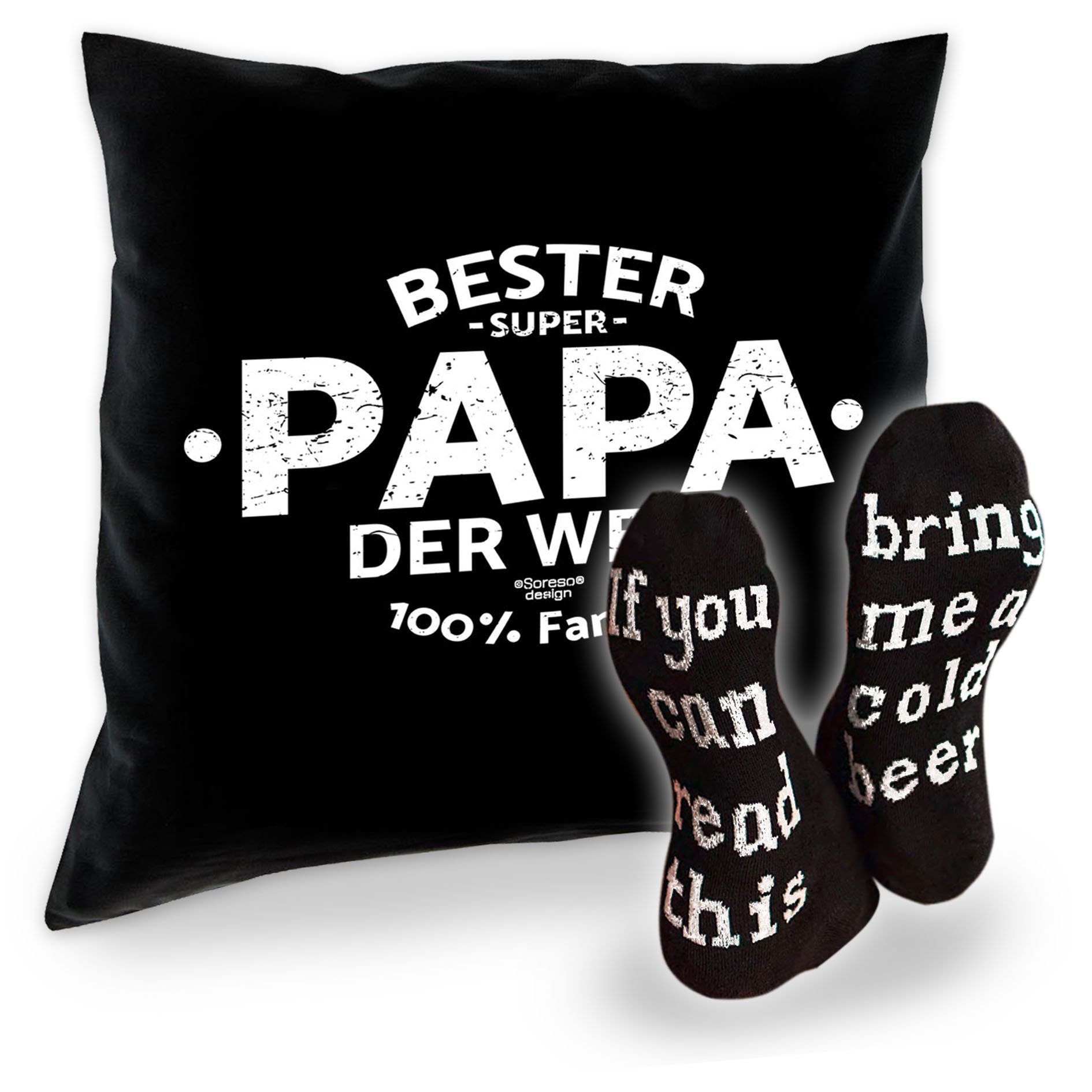 Soreso® Dekokissen Kissen Bester Geschenke Geschenkidee Socken und mit Spruch, schwarz Väter Welt der Bier Papa für
