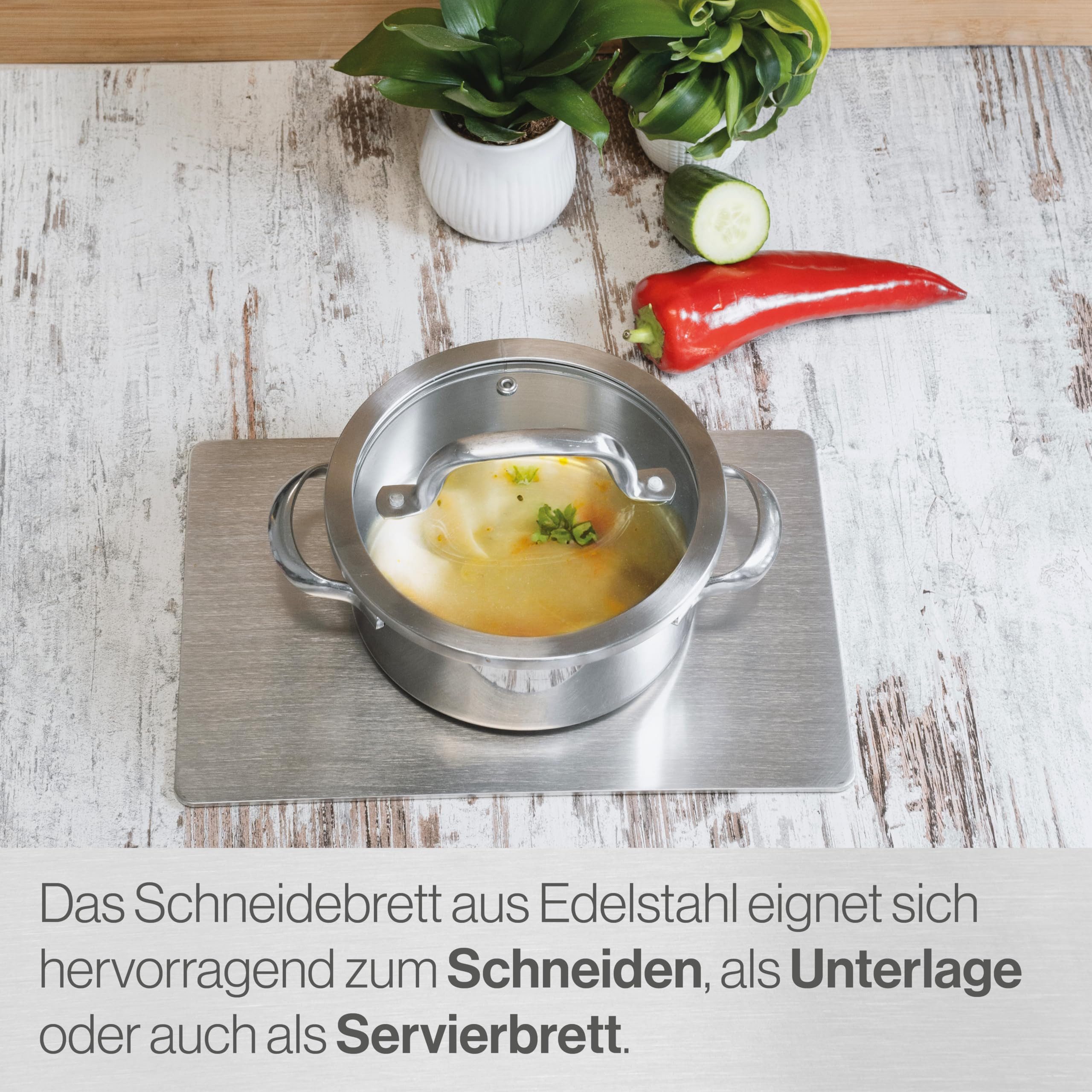Feuerfest 123 GmbH Schneidebrett Schneidebrett mit Griff aus Edelstahl mini 24x16cm, Edelstahl, (Made in Germany), Ideal für die Küche zum schneiden von Fisch,  – Bild 4 von 5