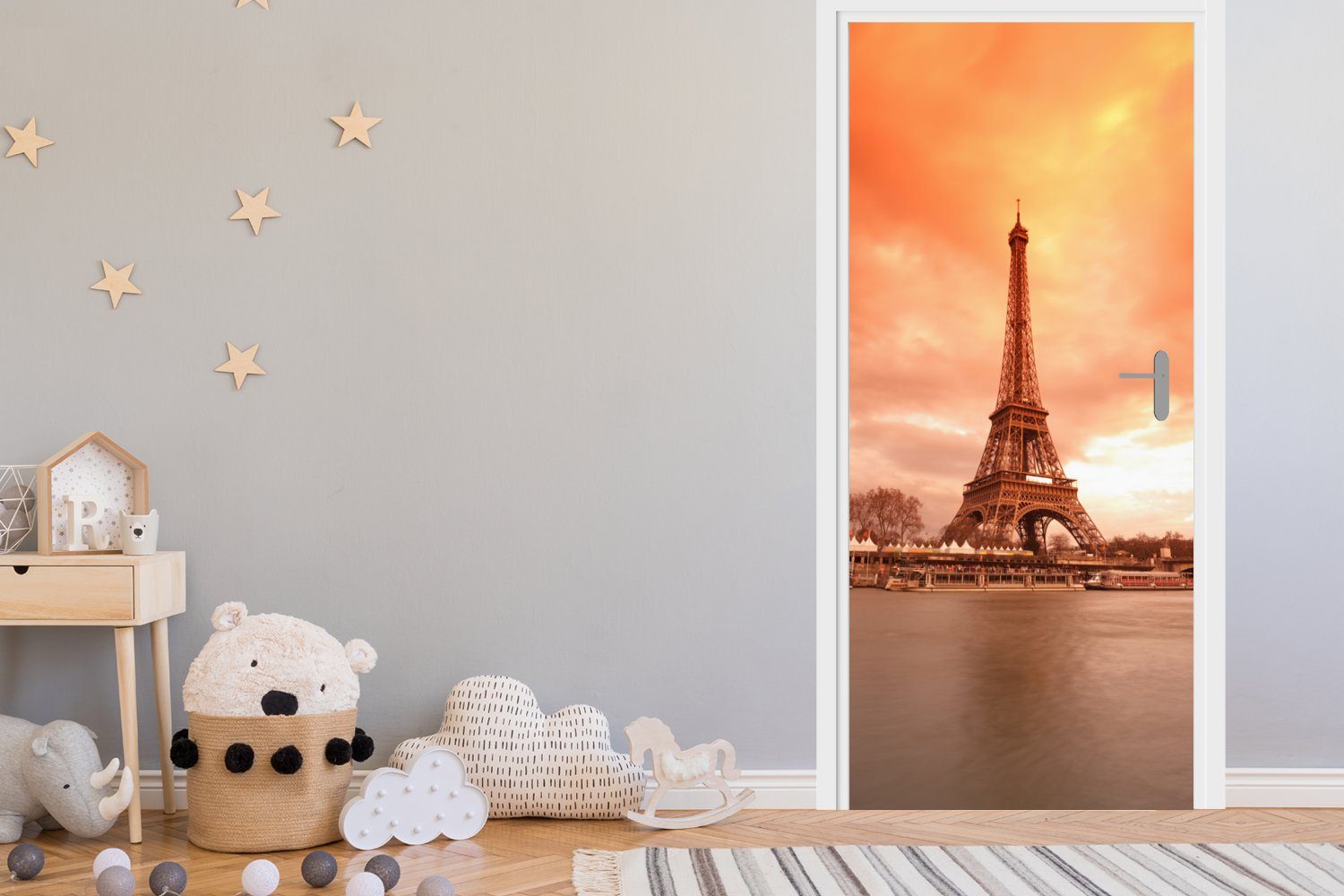 Eiffelturm (1 Tür, St), für MuchoWow bedruckt, cm - Himmel, Paris Türtapete - Matt, 75x205 Fototapete Türaufkleber,