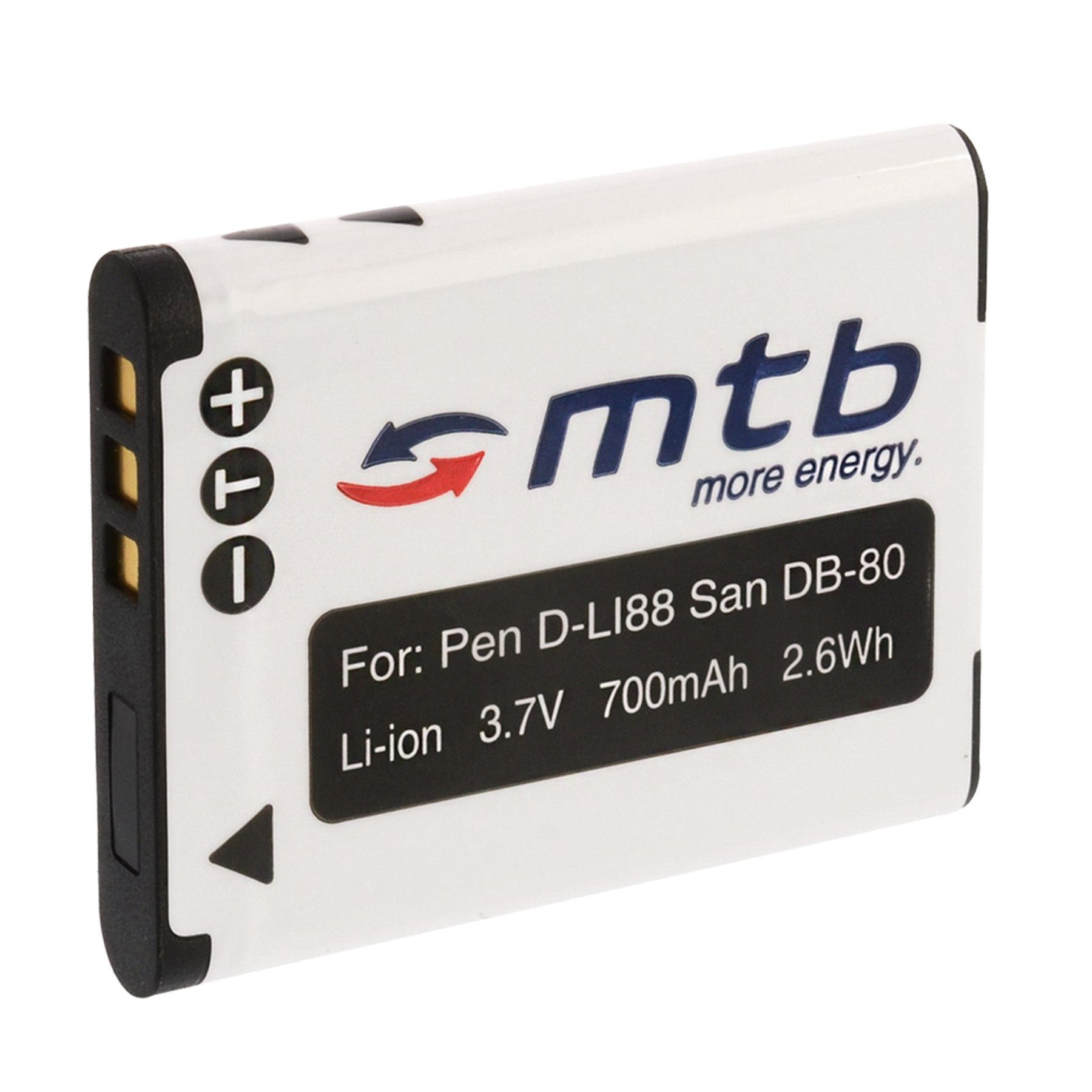 mtb more energy [BAT-233 - Li-Ion] Kamera-Akku kompatibel mit Akku-Typ Pentax D-Li88 / Sanyo DB-L80 700 mAh (3,7 V), passend für: Pentax Optio H90, P70, P80, W90, WS80 // Pentax D-BC88, D-BC88E / K-BC88, K-BC88E…