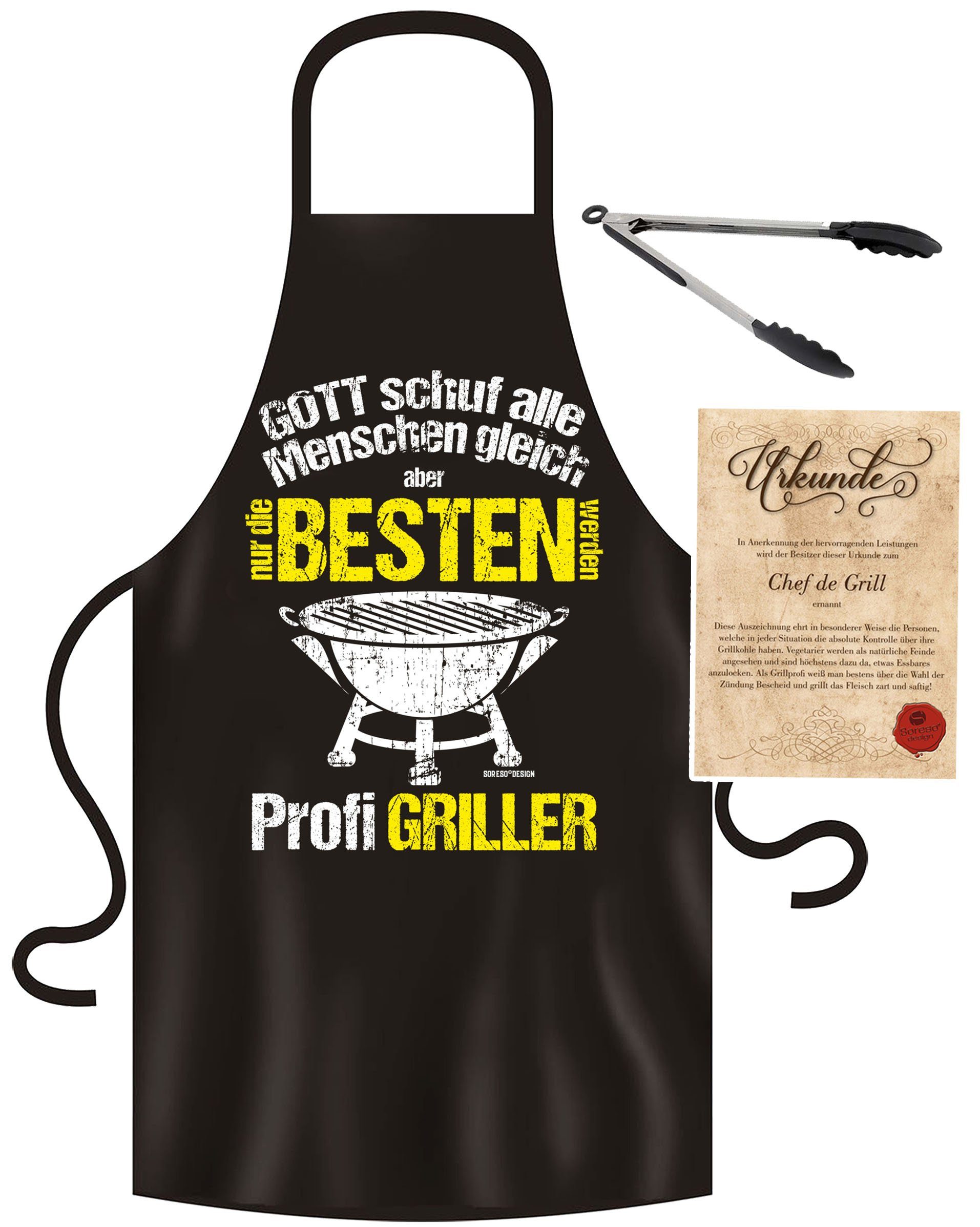 Soreso® Grillschürze Grill-Set für Männer Lustig "Nur die Besten werden Profi Griller ", (Spar-Set, Geschenk-Set, 3-teiliges Set, 1x Grillschürze+ 1x Grillzange +1x Urkunde), Grillschürze handgefertigt in Deutschland, Qualitätsprodukt