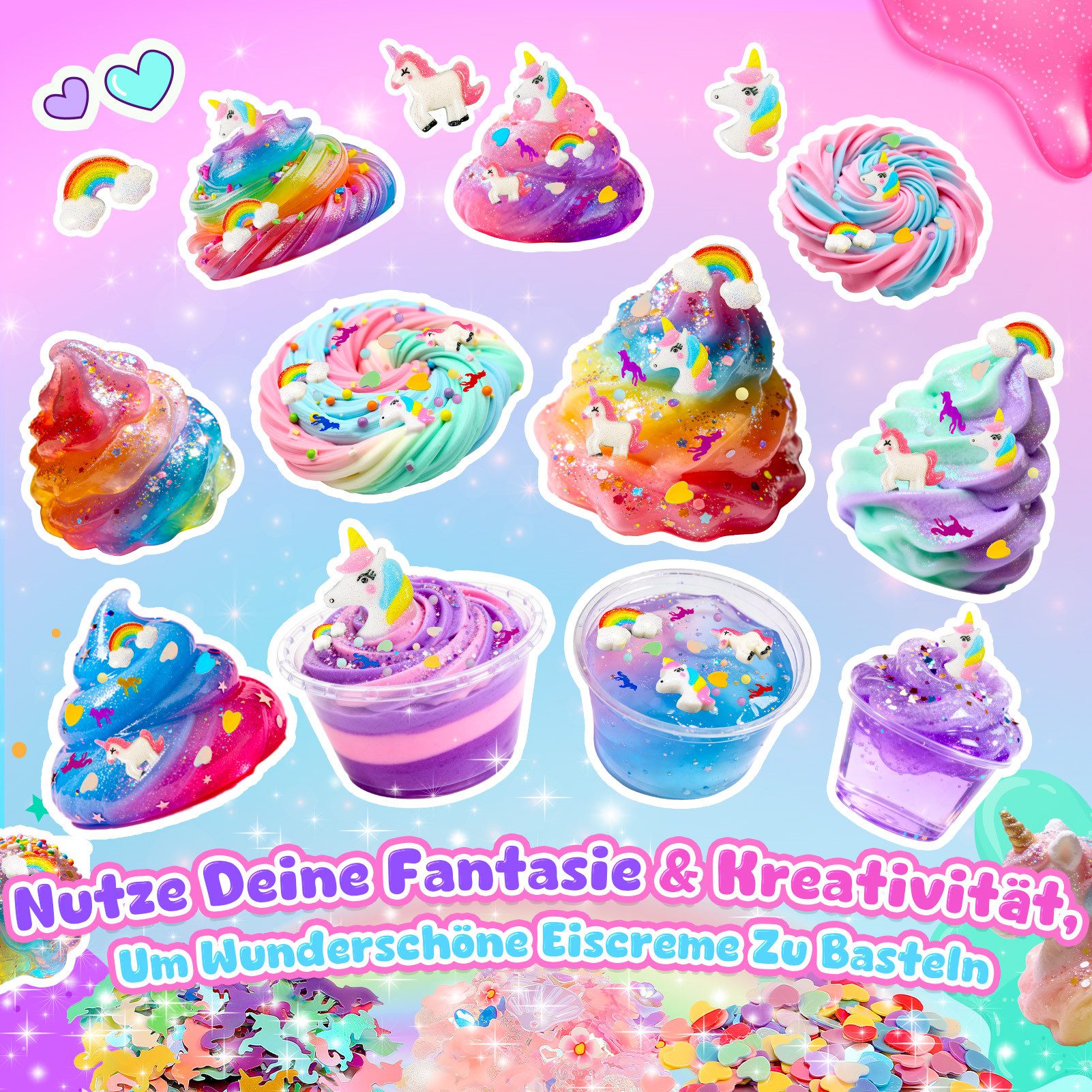 Wootoy Kreativset Experimentierkasten Schleim Bastelset Galaxy Einhorn DIY Slime Kit, (mit Glitzer Perlen und Zubehör zum Kreativen Gestalten, 1-tlg., Schleim-Bastelset in zwei Themenwelten: Galaxie oder Einhorn), Fördert Kreativität Feinmotorik und spielerisches Experimentieren