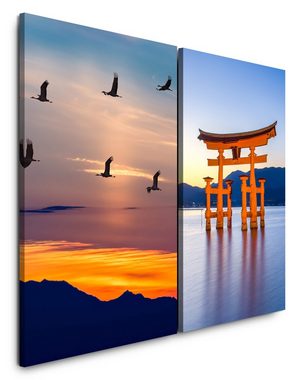 Sinus Art Leinwandbild 2 Bilder je 60x90cm Miyajima Schrein Kraniche See Berge Sonnenuntergang Japan