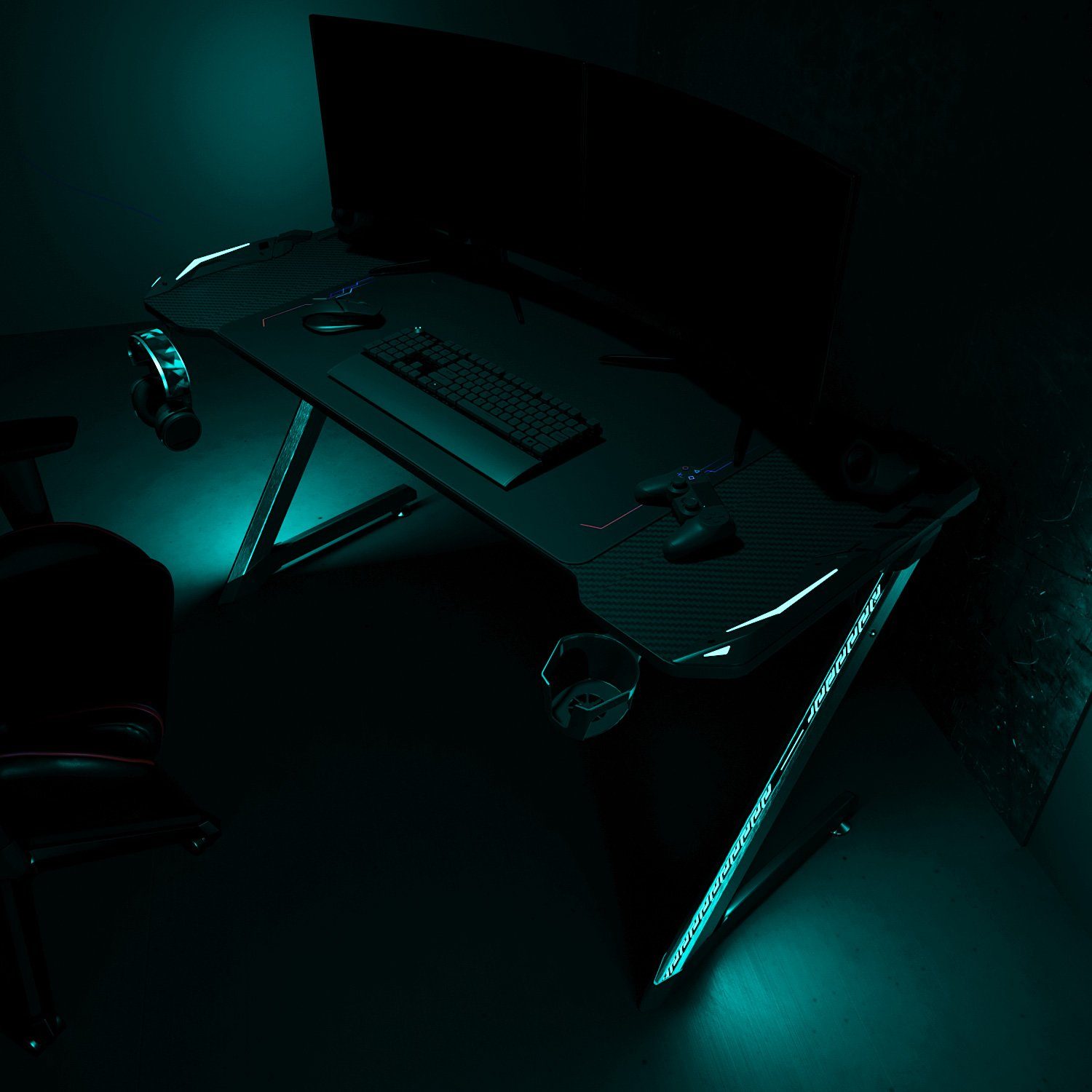 SONNI Gamingtisch Groß, Gaming Schreibtisch mit mit mit 140cm, Kopfhörerhalter,breite LED, Mauspad,Getränkehalter Mauspad,140x60x75cm Schwarz und Schwarz
