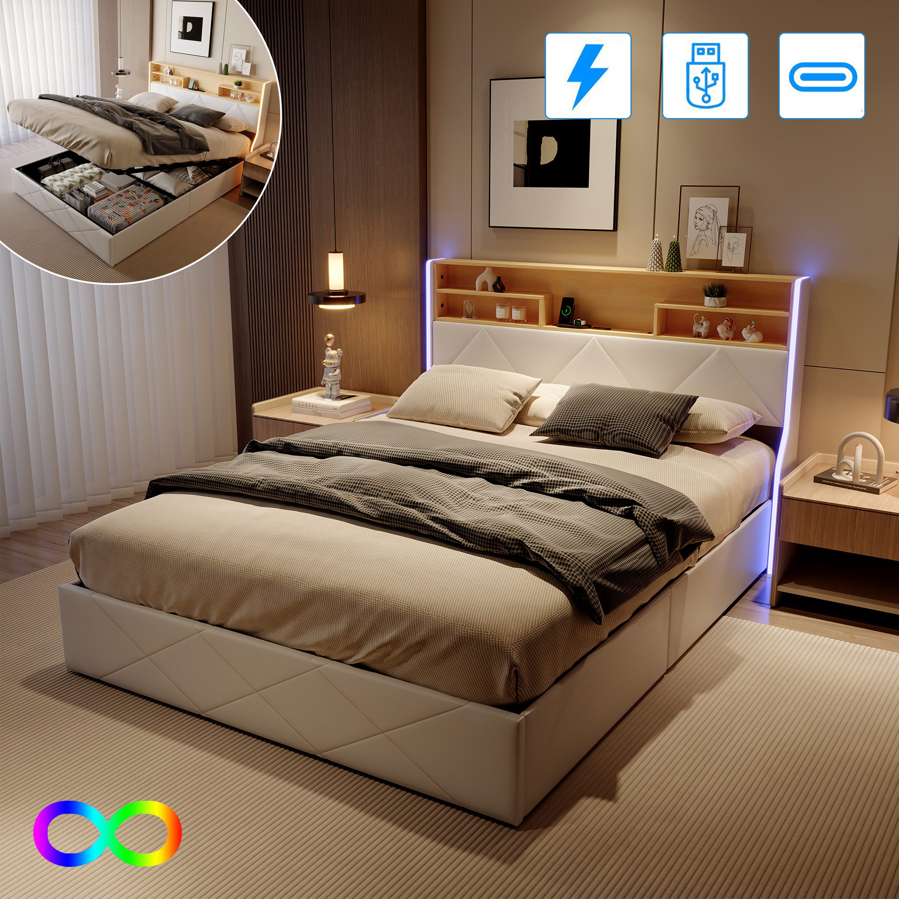 Gdood Polsterbett Stauraumbett Doppelbett LED USB (1 tlg., Hydraulisch hebb günstig online kaufen