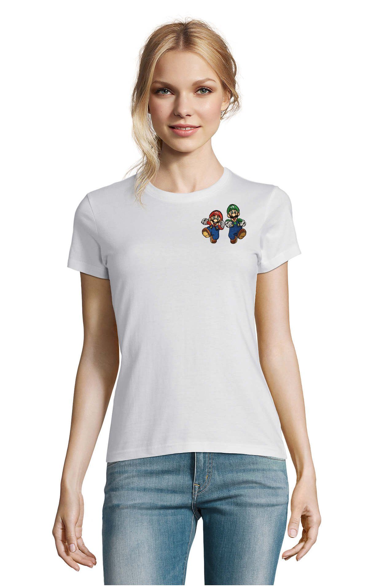 Blondie & Brownie T-Shirt Damen Mario & Luigi Brust Stick Yoshi Bowser Nintendo Gaming bestickt Weiß