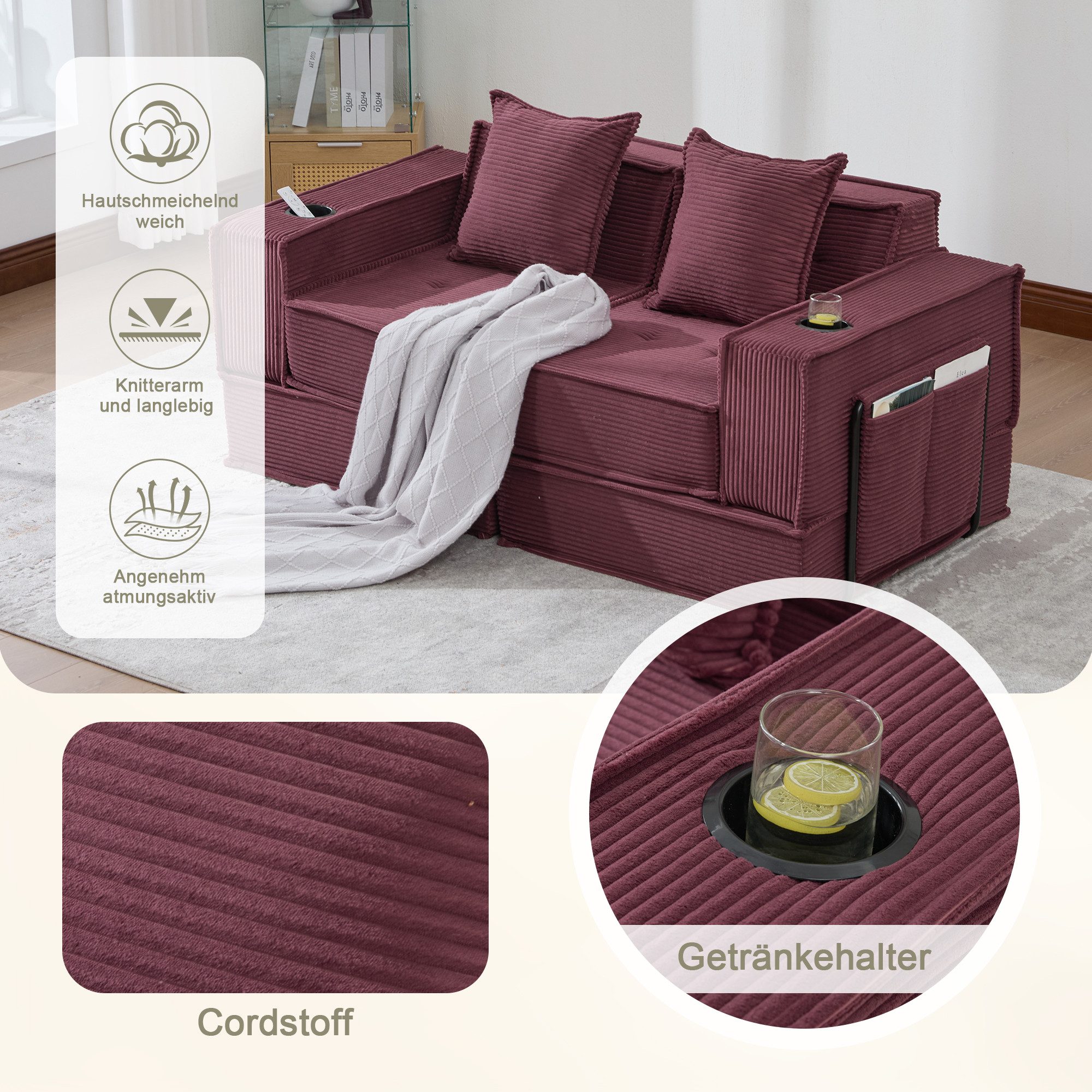 BlingBin Schlafsofa 2-Sitzer Schlafsofa mit Hocker & Stauraum, Cord/Chenille Stoff, inkl. 2 Kissen, Getränkehalter & Seitentaschen 1 Teile, mit Klapp-Liegefläche 162×156 cm, Tragfähigkeit 300 kg – Cozy Nook