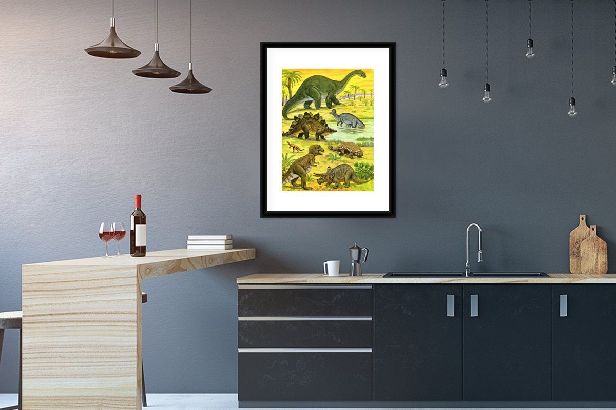 MuchoWow Poster Dinosaurier - Wandposter, Bilder, Kinder - Bleistift Poster, Zeichnung Schwarzem (1 Gerahmtes St), Baby Kinder, - - - Bilderrahmen Wanddeko