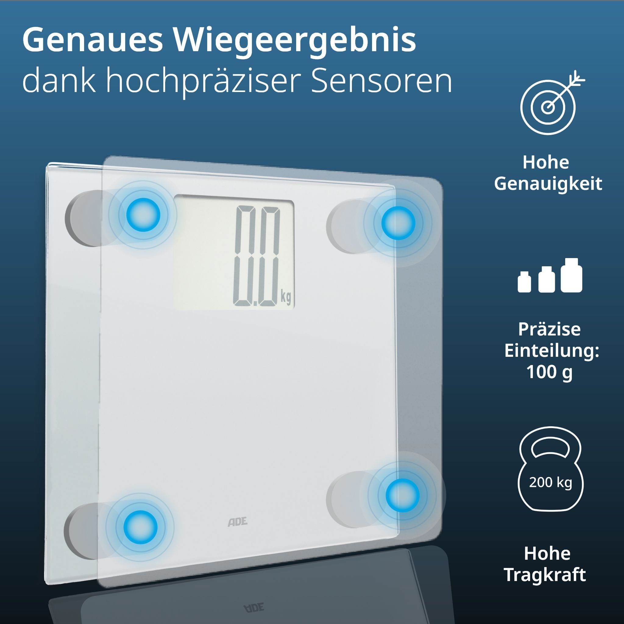 ADE Personenwaage Digitale Körperwaage bis 200 kg, XXL Display, gut ablesbar, Waage mit großen Ziffern für Senioren, inkl. 3 AAA Batterien