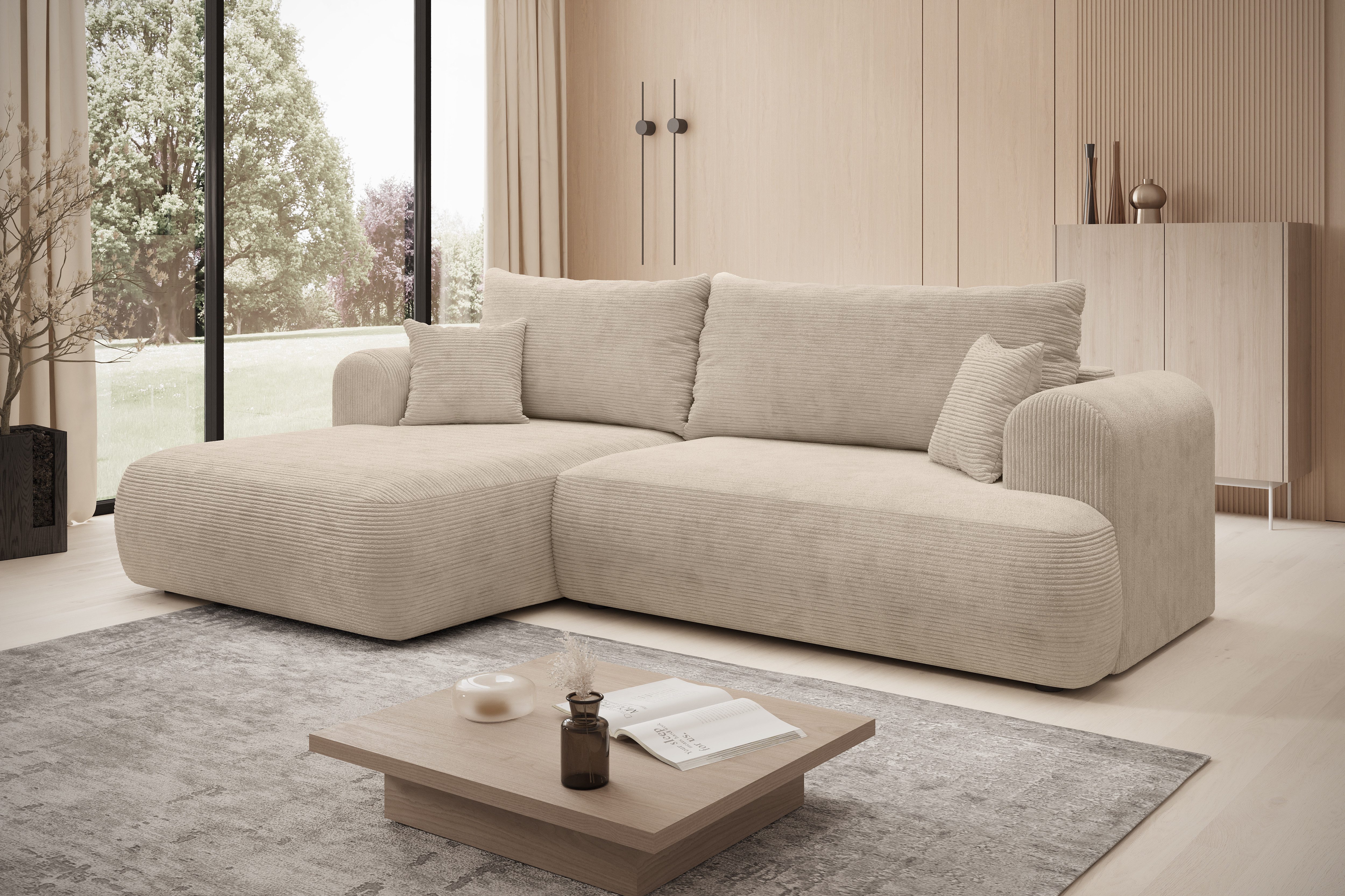 thematys Ecksofa mit Schlaffunktion und Bettkasten, L-Form, Cord und Bouclé + 2 Kissen, 260 x 165cm - Luxus Couch mit Bettfunktion mit Bonnellfedern