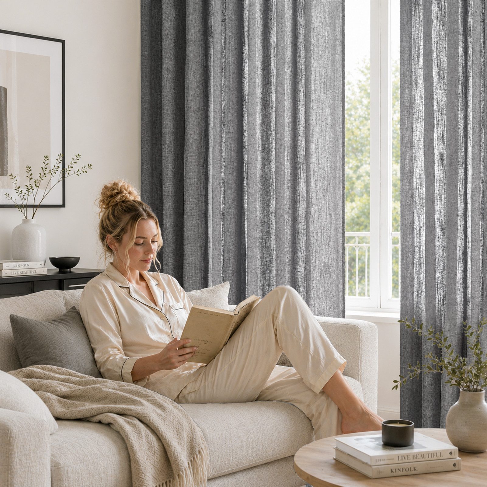 Topfinel Gardine Leinenoptik vorhänge mit kräuselband halbtransparent wohnzimmer (2 St), Kräuselband, halbtransparent, modern boho Dunkelgrau 140x240cm kinderzi – Bild 4 von 5