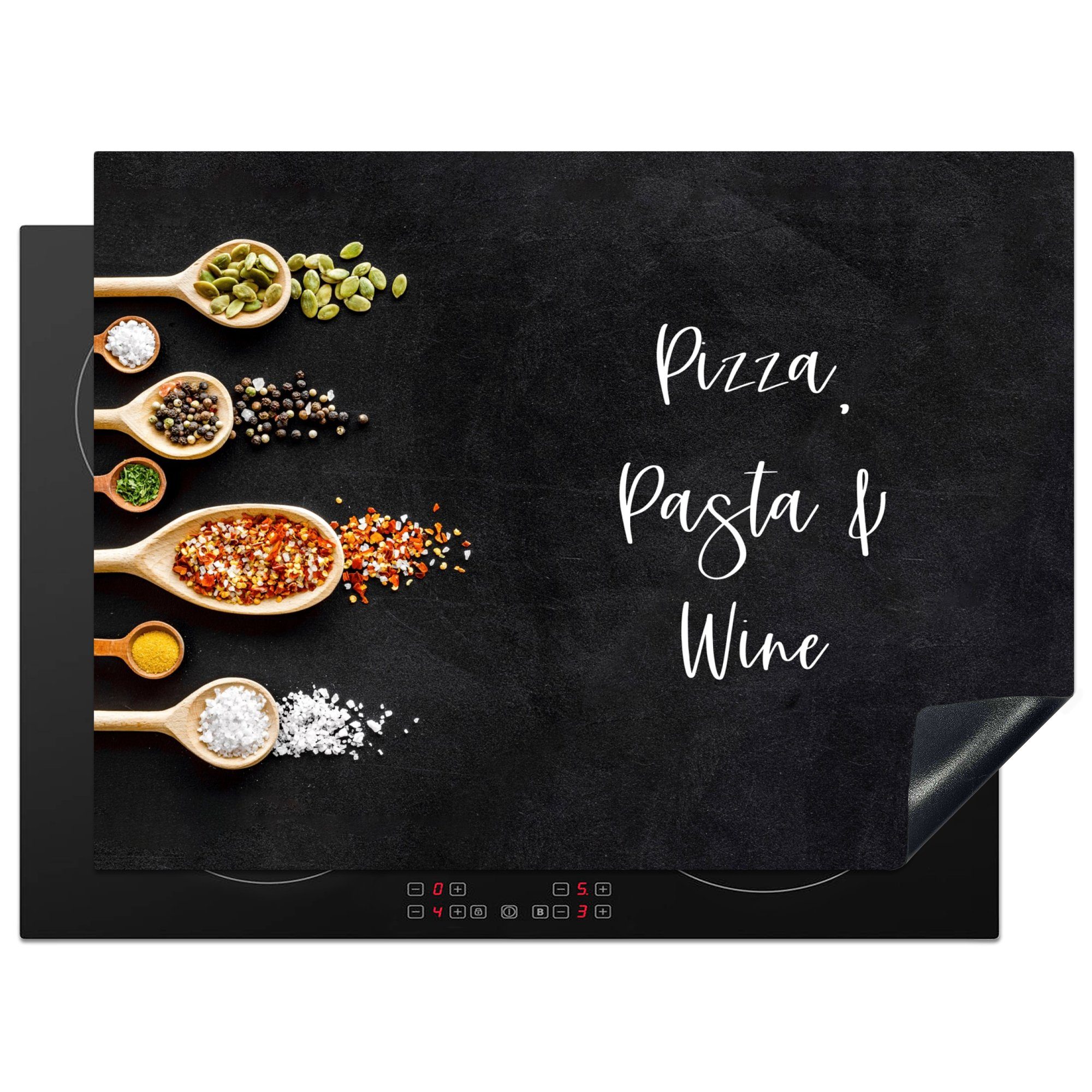 MuchoWow Herdblende-/Abdeckplatte Pizza, Pasta & Wein - Sprichwörter - Induktionsschutz - Zitate -, Vinyl, (1 tlg), 70x52 cm, Mobile Arbeitsfläche nutzbar, Ceranfeldabdeckung