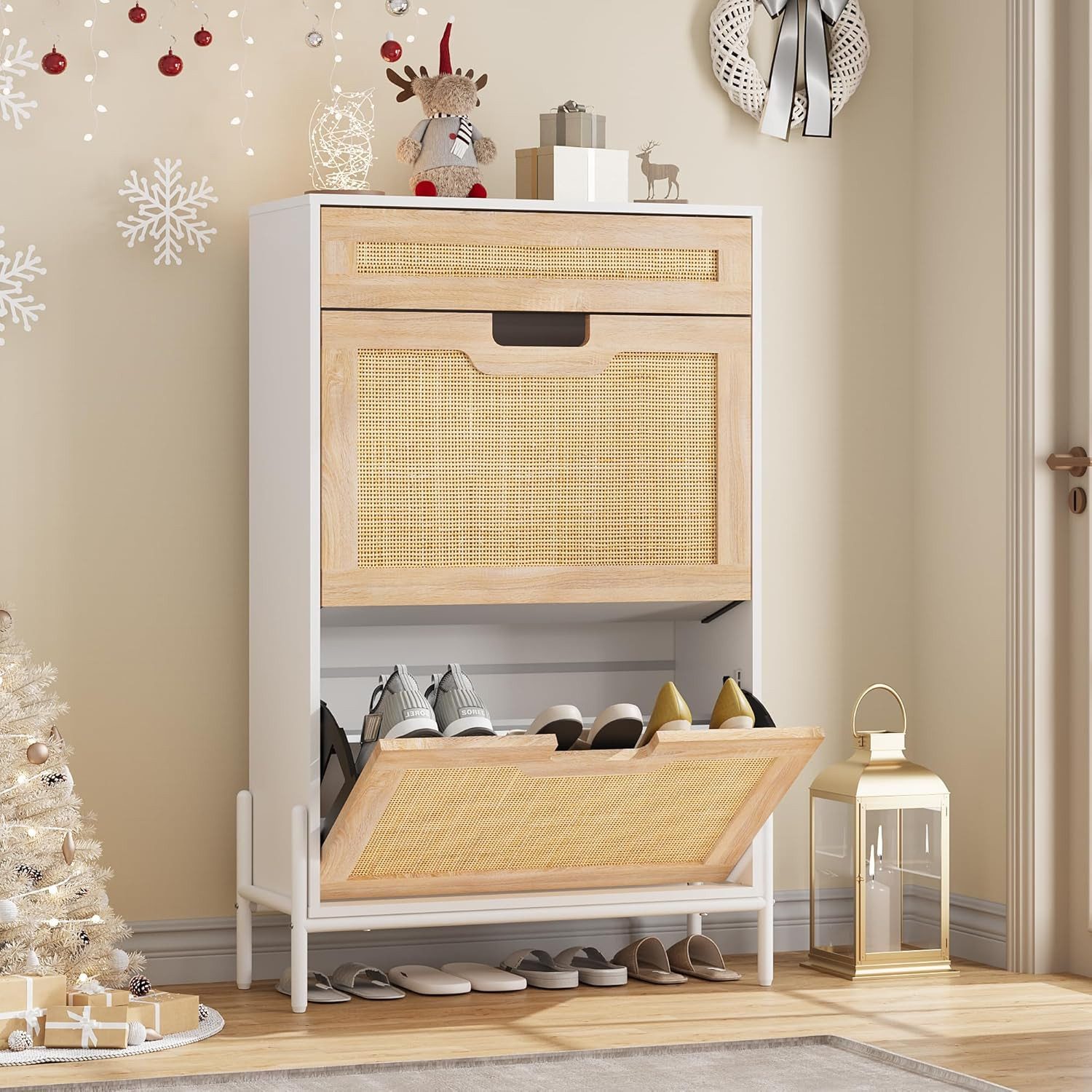 GarveeMore Schuhschrank Rattan mit 2 Flip Tür und 1 Schublade,4 Einstellbar günstig online kaufen