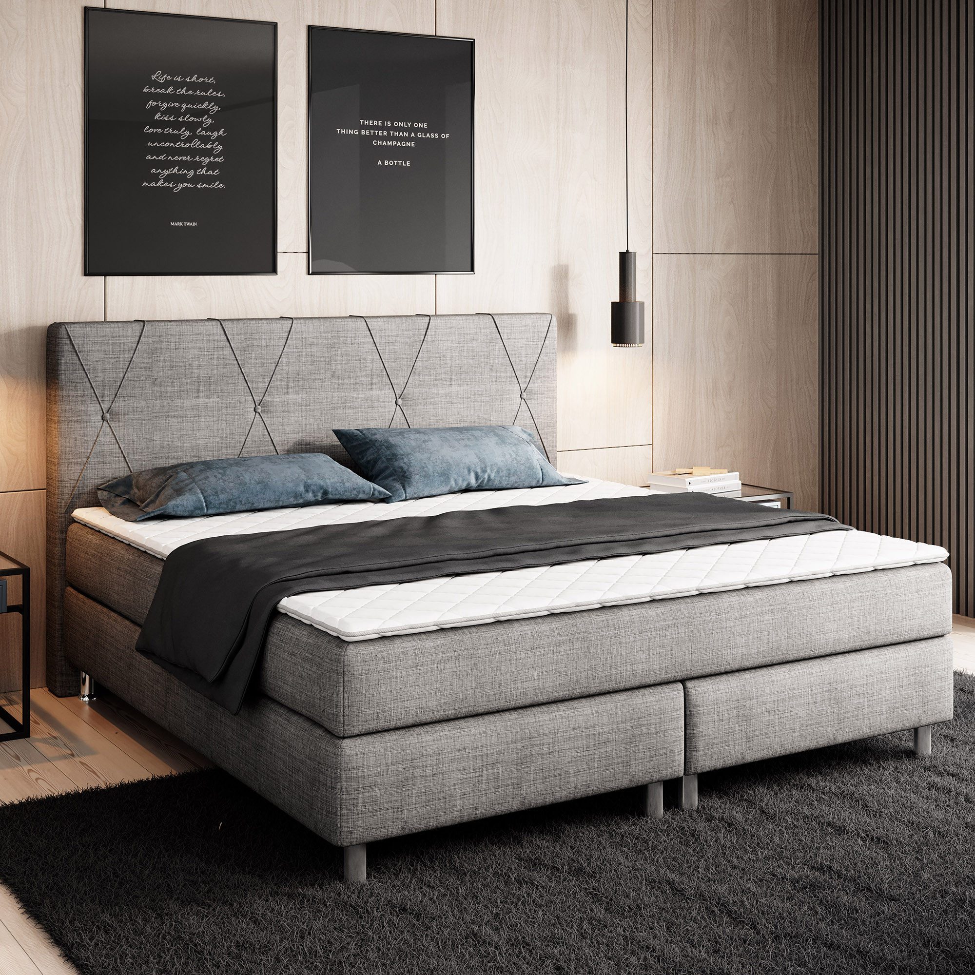 inter Boxspringbett Tokio 180x200 cm Webstoff Anthrazit BEZ 176552 (Boxsringbetten, Bett schlafbett mit matratze 180x200), inklusive Matratzen und Topper