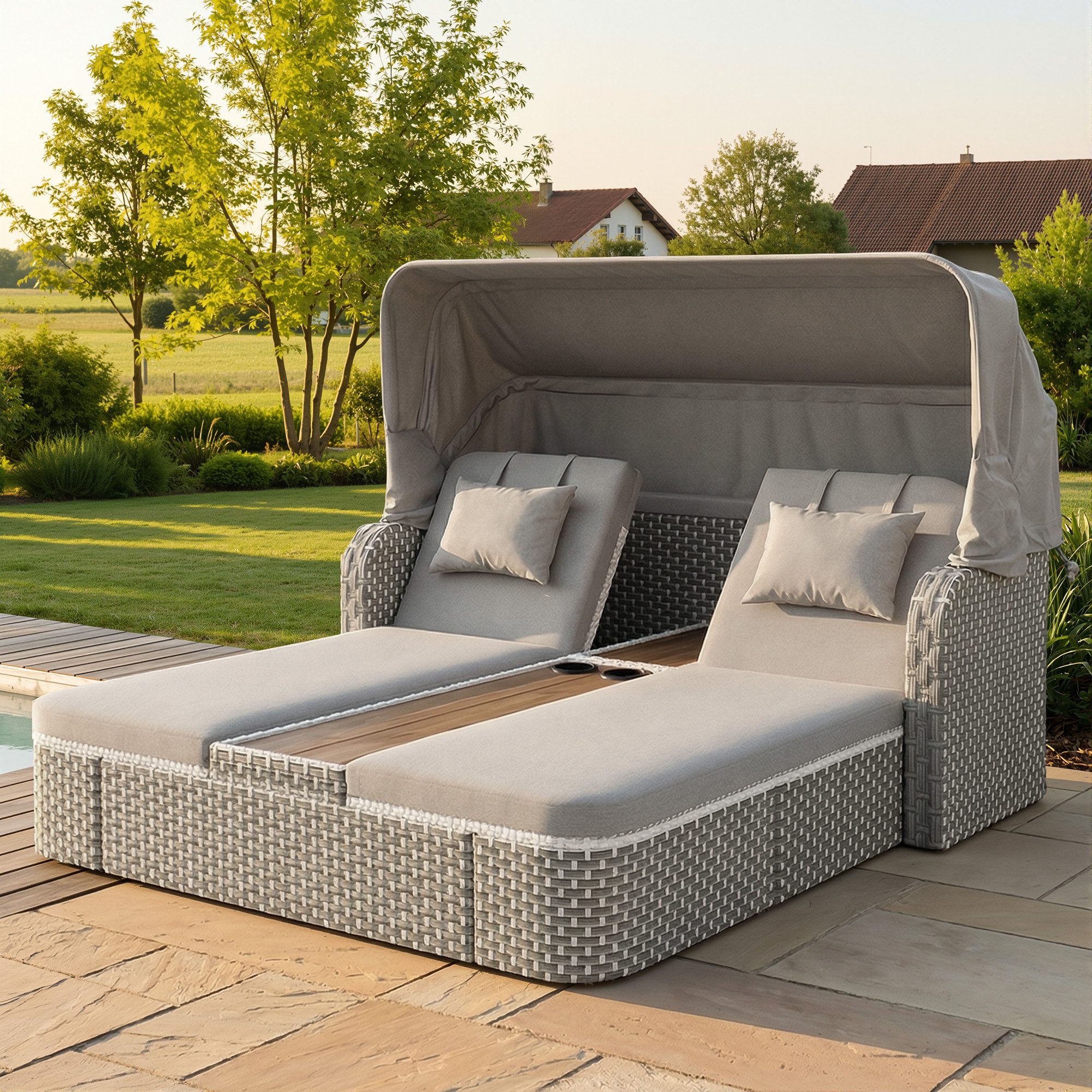 MODFU Gartenlounge-Set Polyrattan Sonneninsel, (aus Polyrattan,Für Balkon & Garten,Beige/Grau, 1-tlg)
